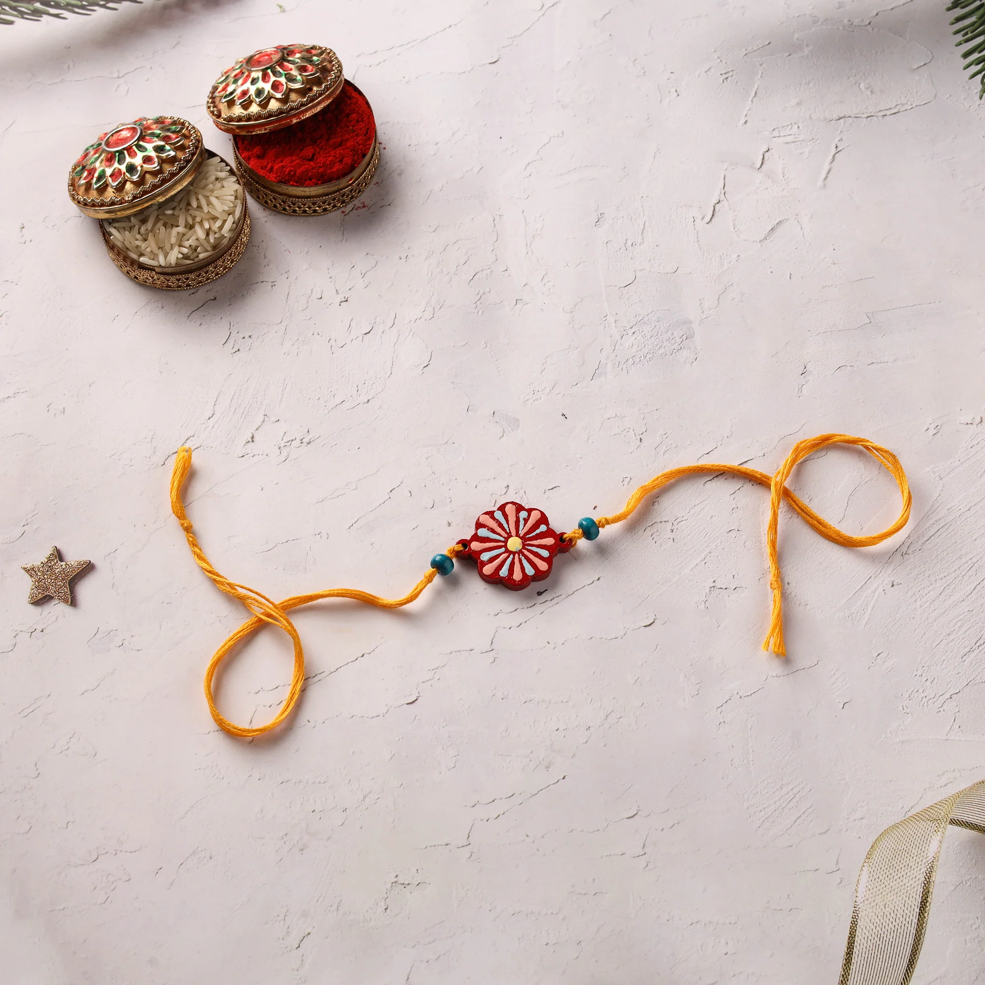 Red - Flower Mandala Art Handpainted Wooden Rakhi 03