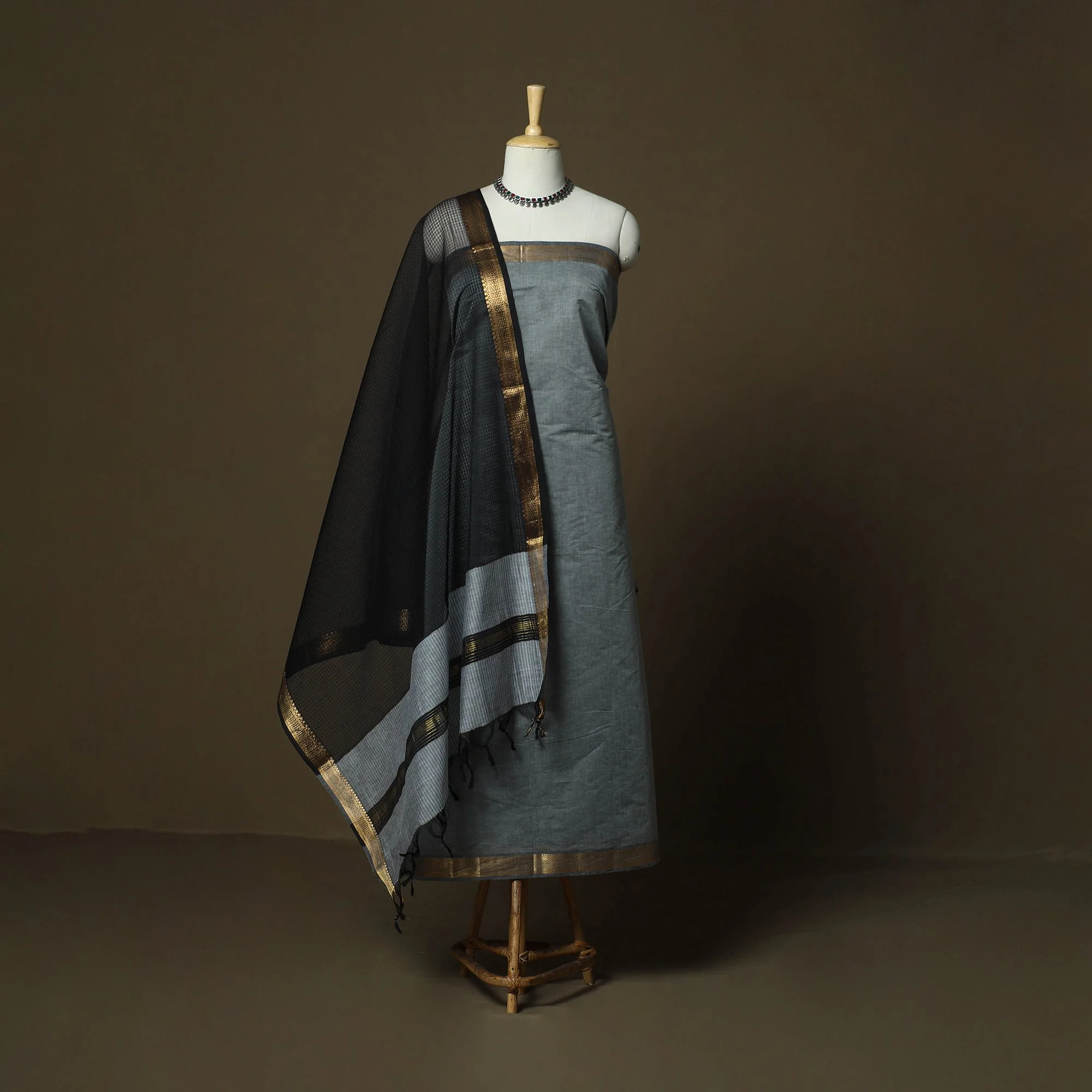 Grey - Mangalagiri Cotton 3pc Unstitched Dress Material 79 - Image 2