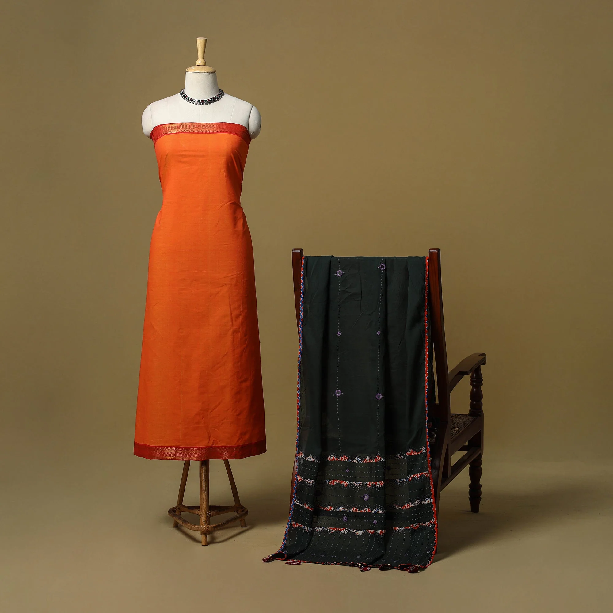 Orange - Mangalagiri Handloom Cotton 2pc Unstitched Dress Material 20 - Image 2