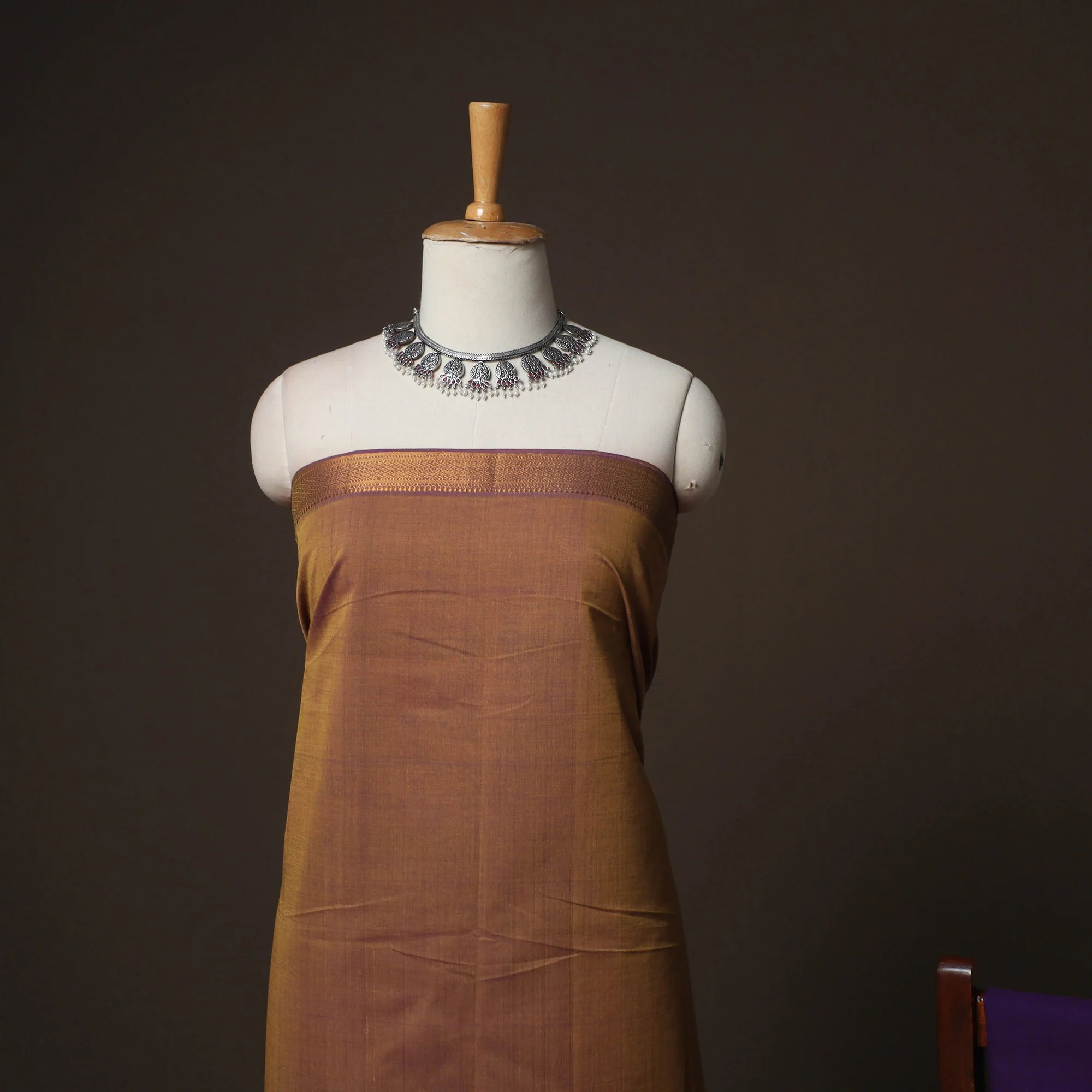 Brown - Mangalagiri Handloom Cotton 3pc Unstitched Dress Material Suit Set 23 - Image 3