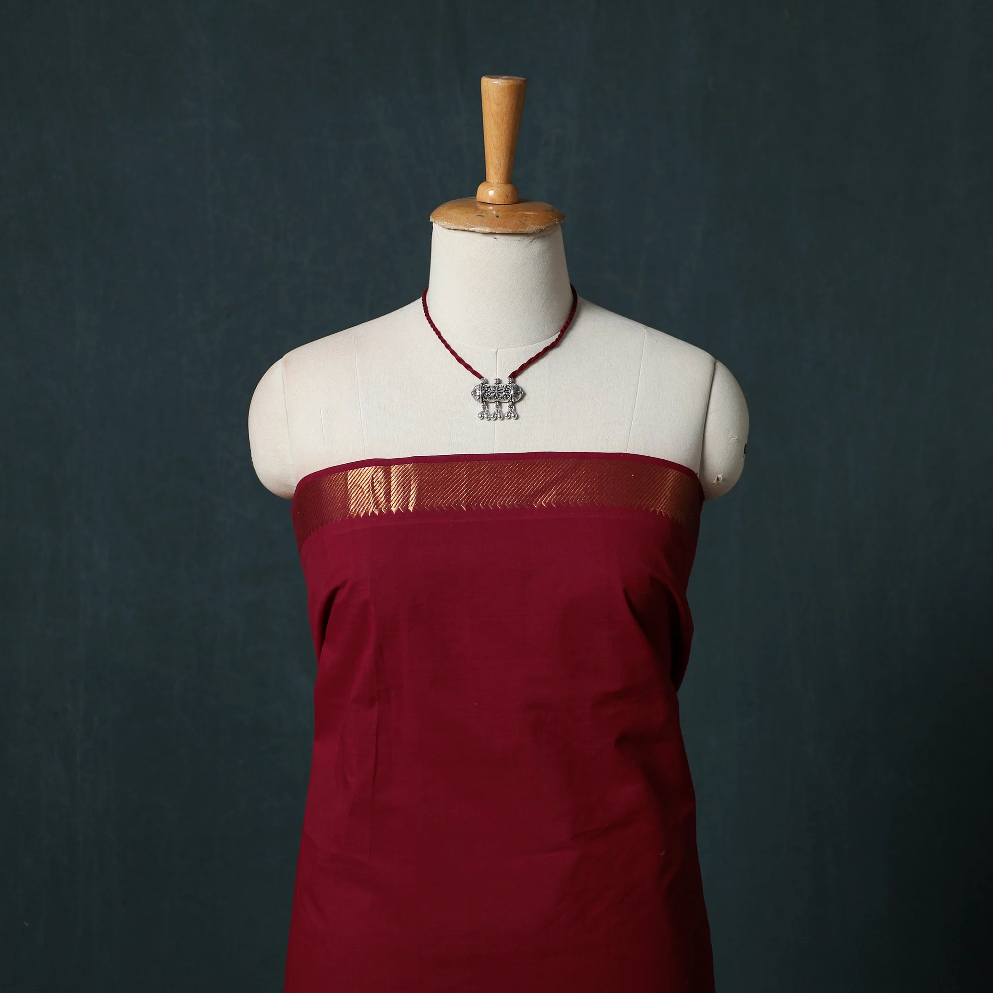 Red - Mangalagiri Handwoven 2pc Cotton Unstitched Dress Material Kurta Set with Jewellery 01 - Image 2