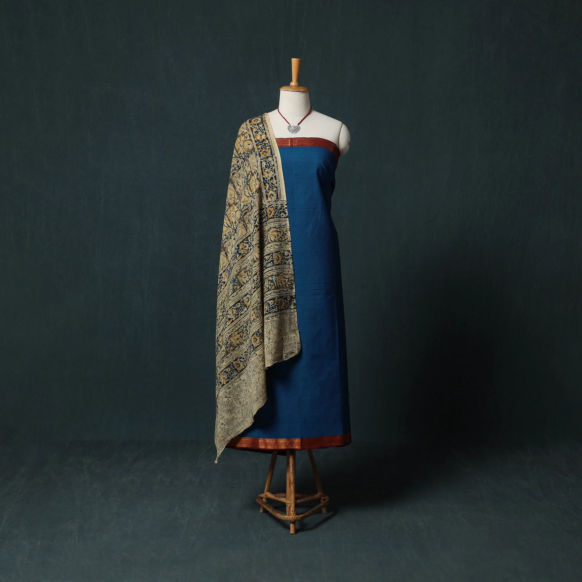 Black - Blue - Mangalagiri Handwoven 2pc Cotton Unstitched Dress Material Kurta Set with Jewellery 03