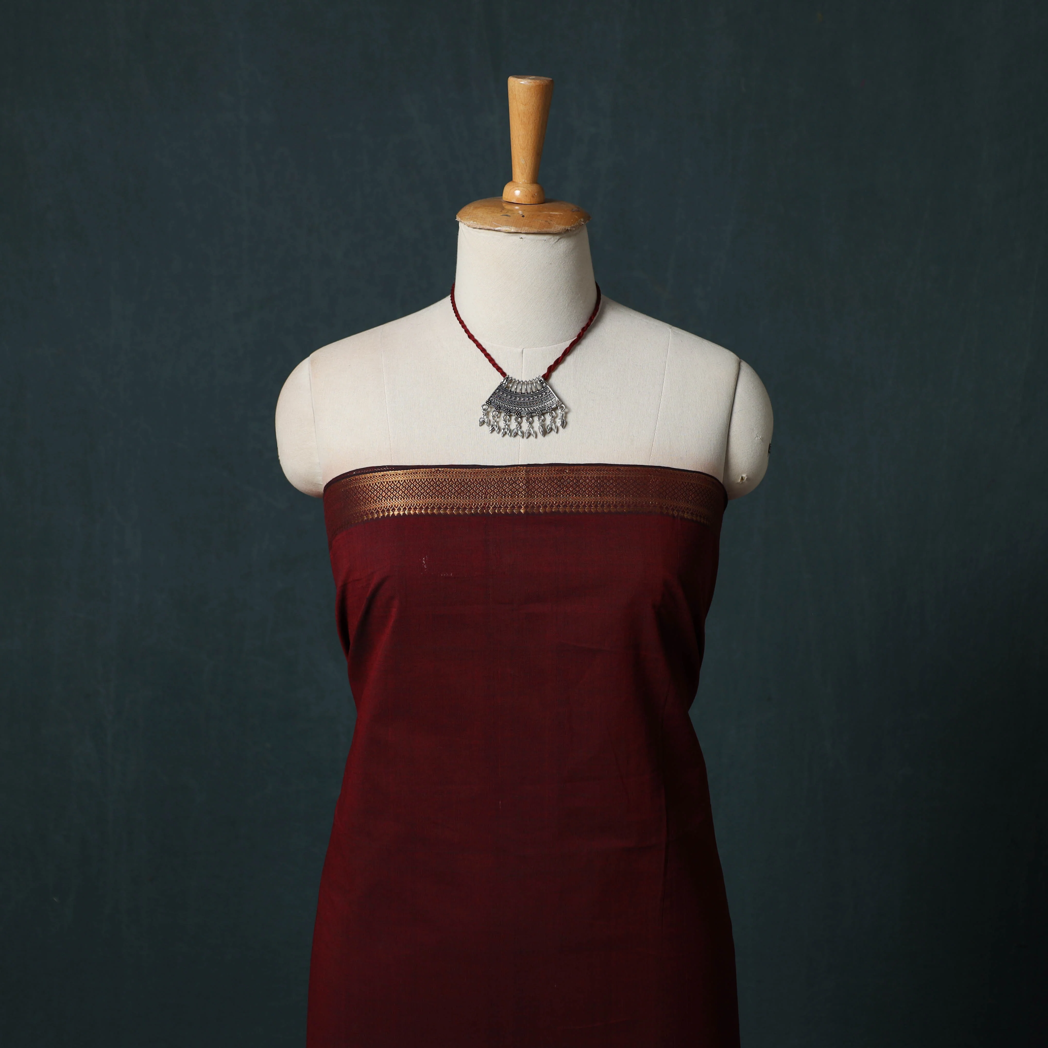 Maroon - Mangalagiri Handwoven 2pc Cotton Unstitched Dress Material Kurta Set with Jewellery 05 - Image 2