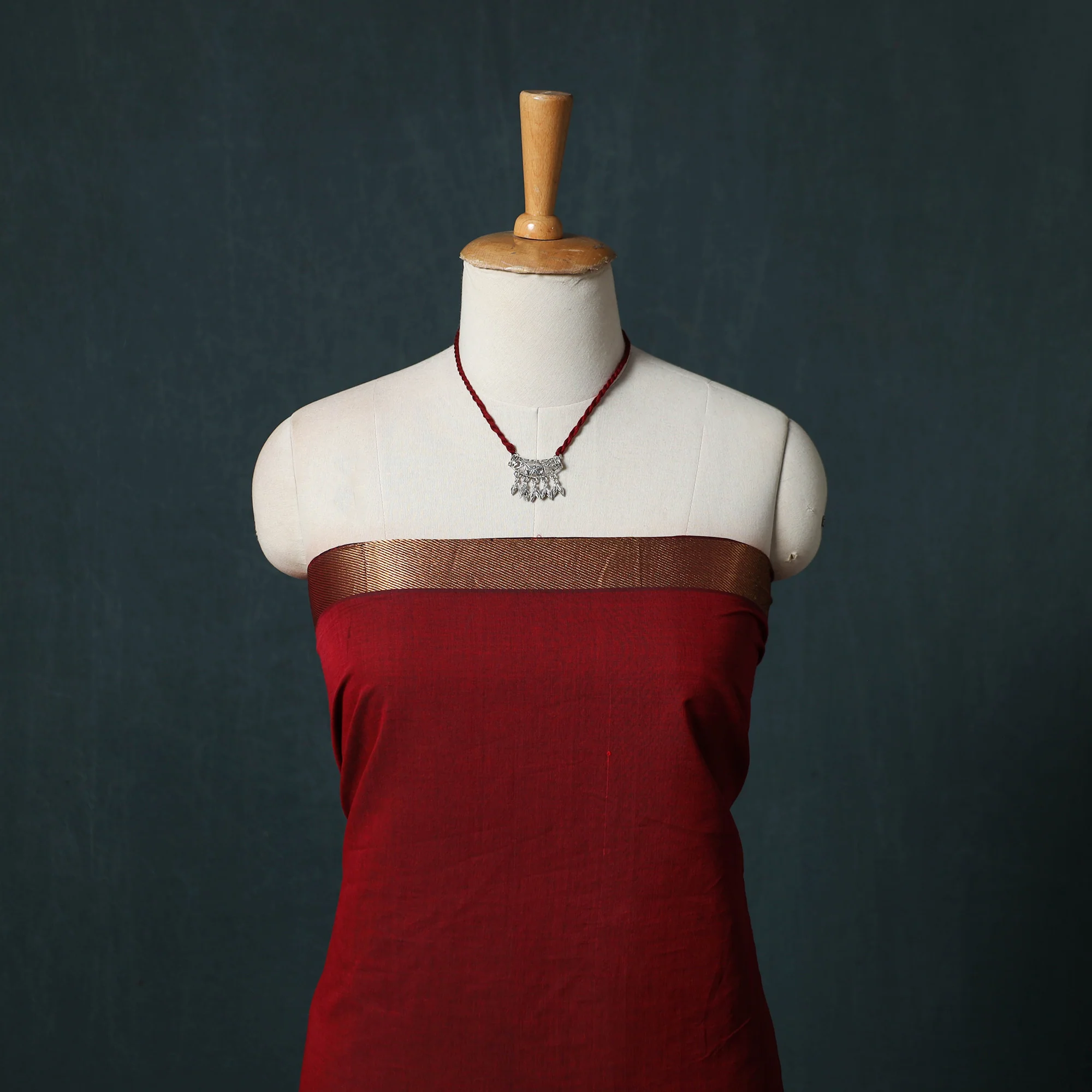 Red - Mangalagiri Handwoven 2pc Cotton Unstitched Dress Material Kurta Set with Jewellery 06 - Image 2