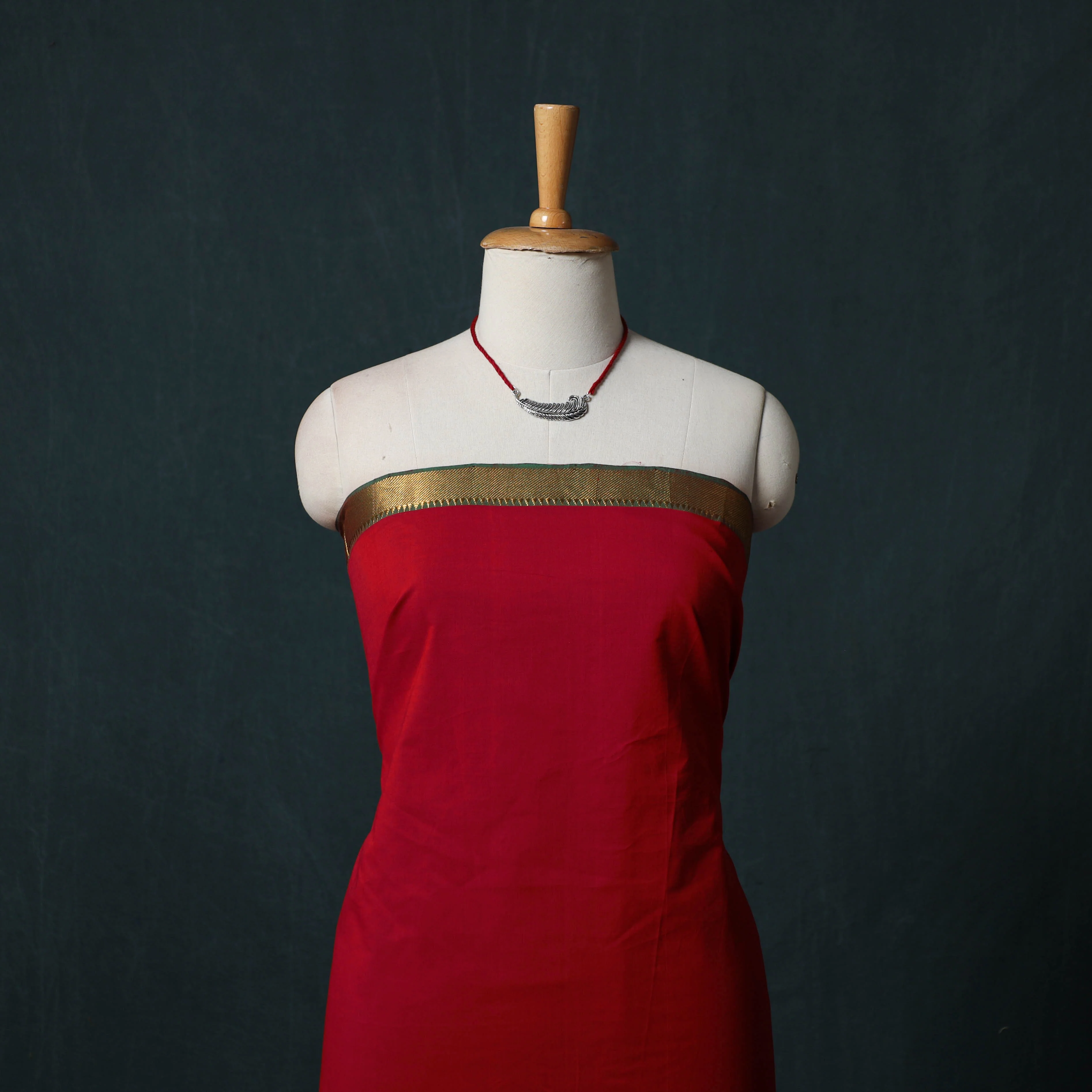 Red - Mangalagiri Handwoven 2pc Cotton Unstitched Dress Material Kurta Set with Jewellery 09 - Image 2