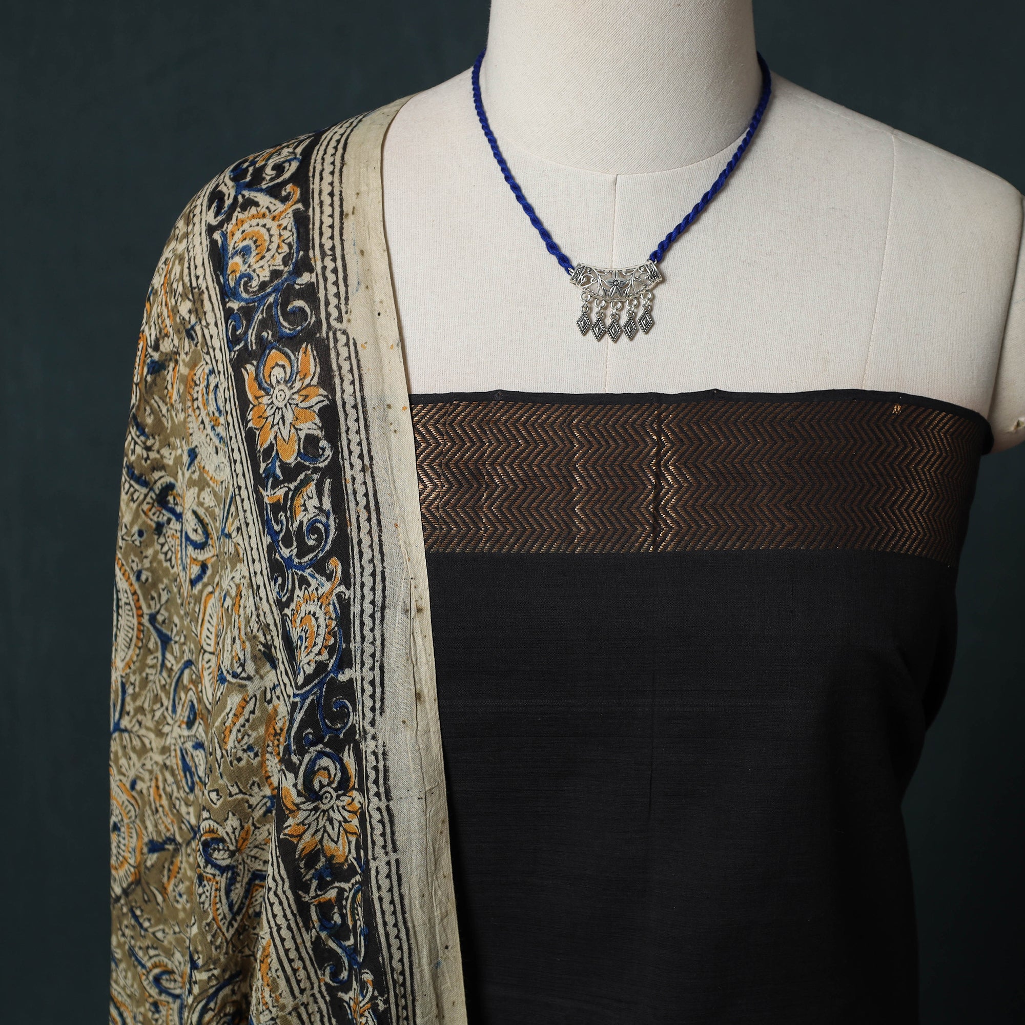 Black - Mangalagiri Handwoven 2pc Cotton Unstitched Dress Material Kurta Set with Jewellery 11 - Image 3