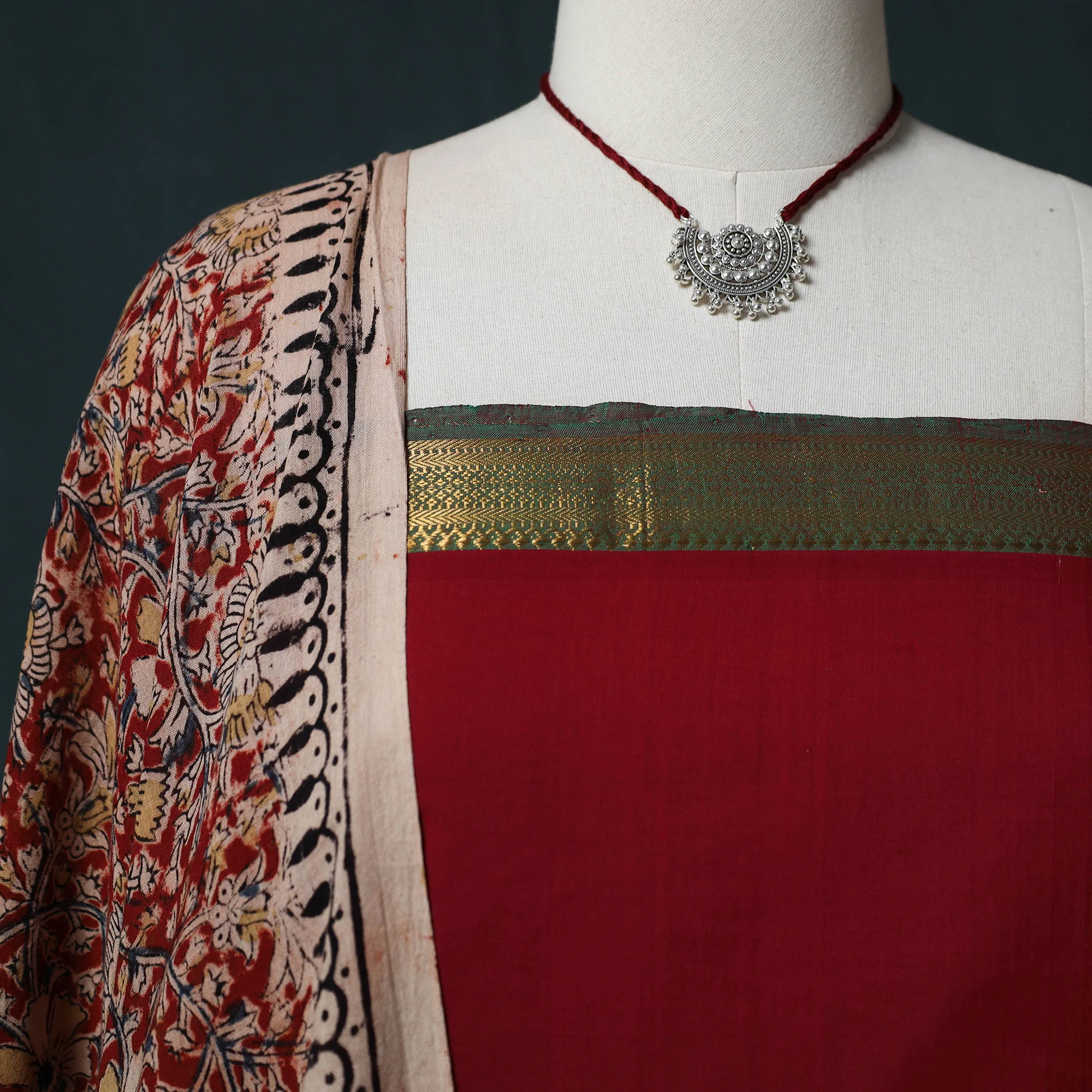 Red - Mangalagiri Handwoven 2pc Cotton Unstitched Dress Material Kurta Set with Jewellery 15 - Image 3