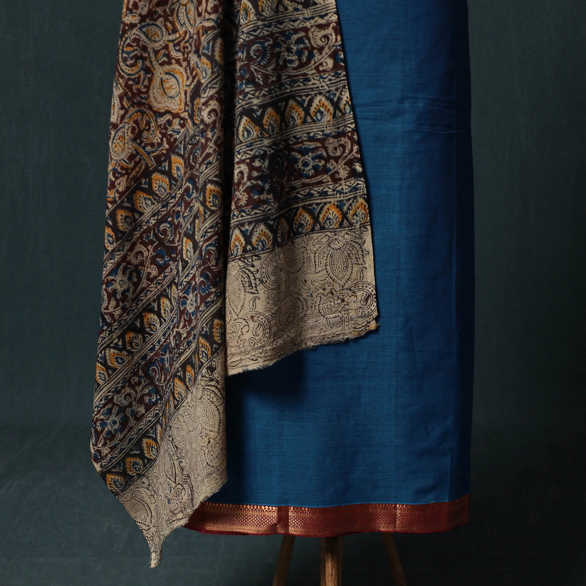 Blue - Mangalagiri Handwoven 2pc Cotton Unstitched Dress Material Kurta Set with Jewellery 16 - Image 4