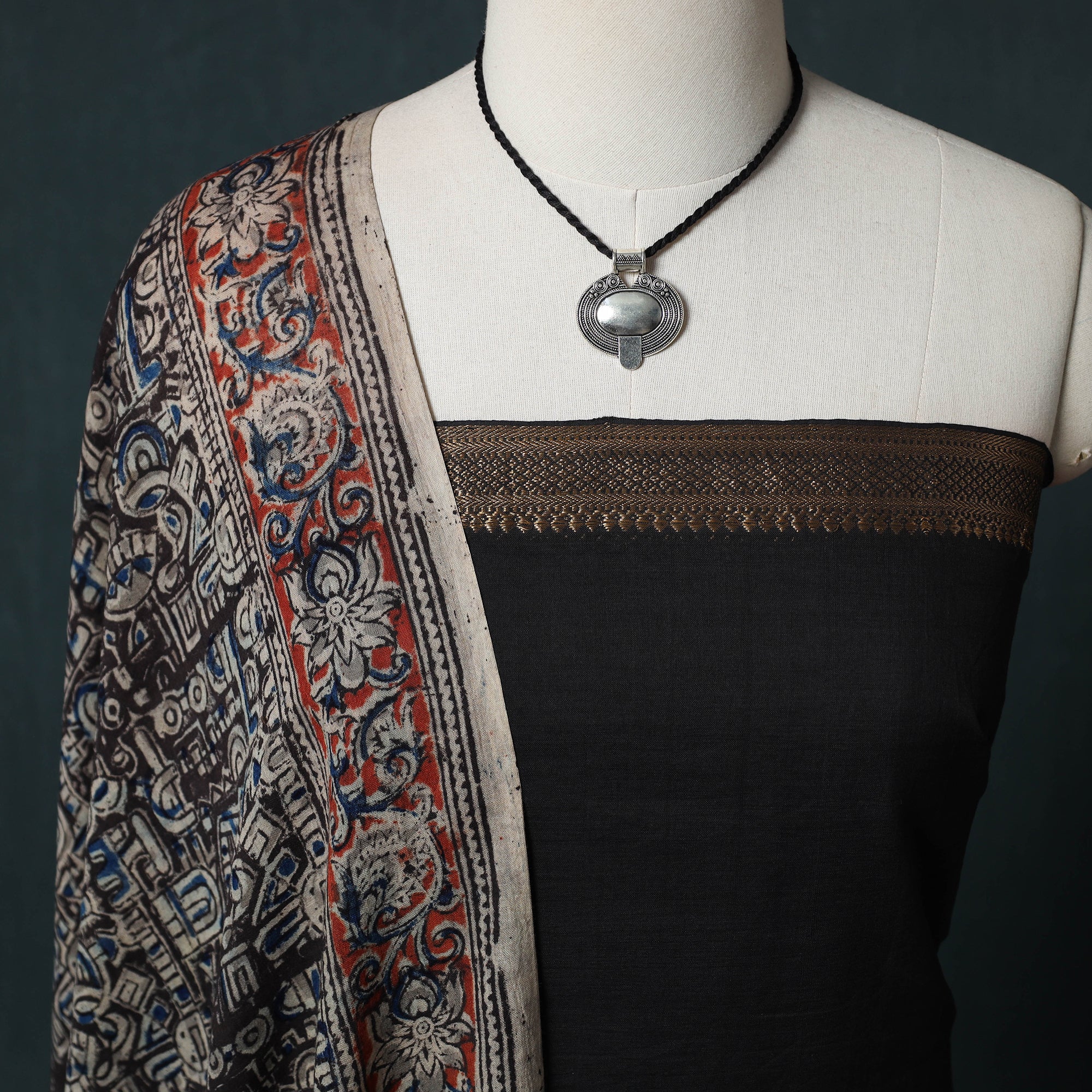 Black - Mangalagiri Handwoven 2pc Cotton Unstitched Dress Material Kurta Set with Jewellery 18 - Image 3