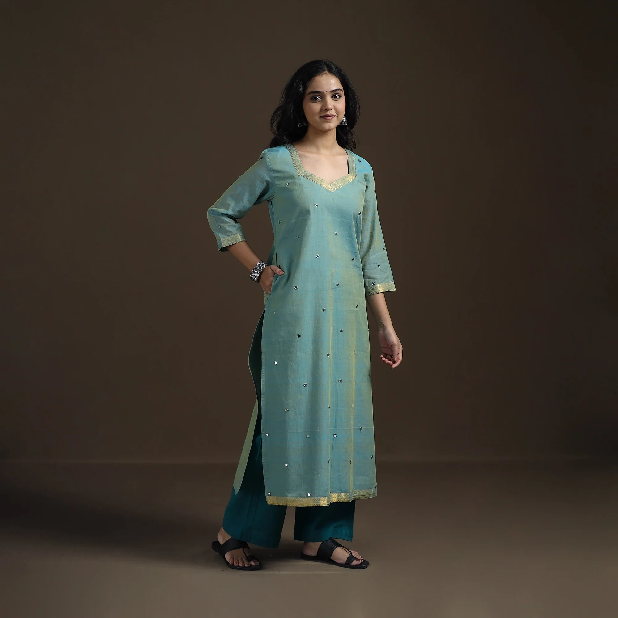 Green - Mangalagiri Pure Handwoven Cotton Mirror Work Straight Kurta for women 01