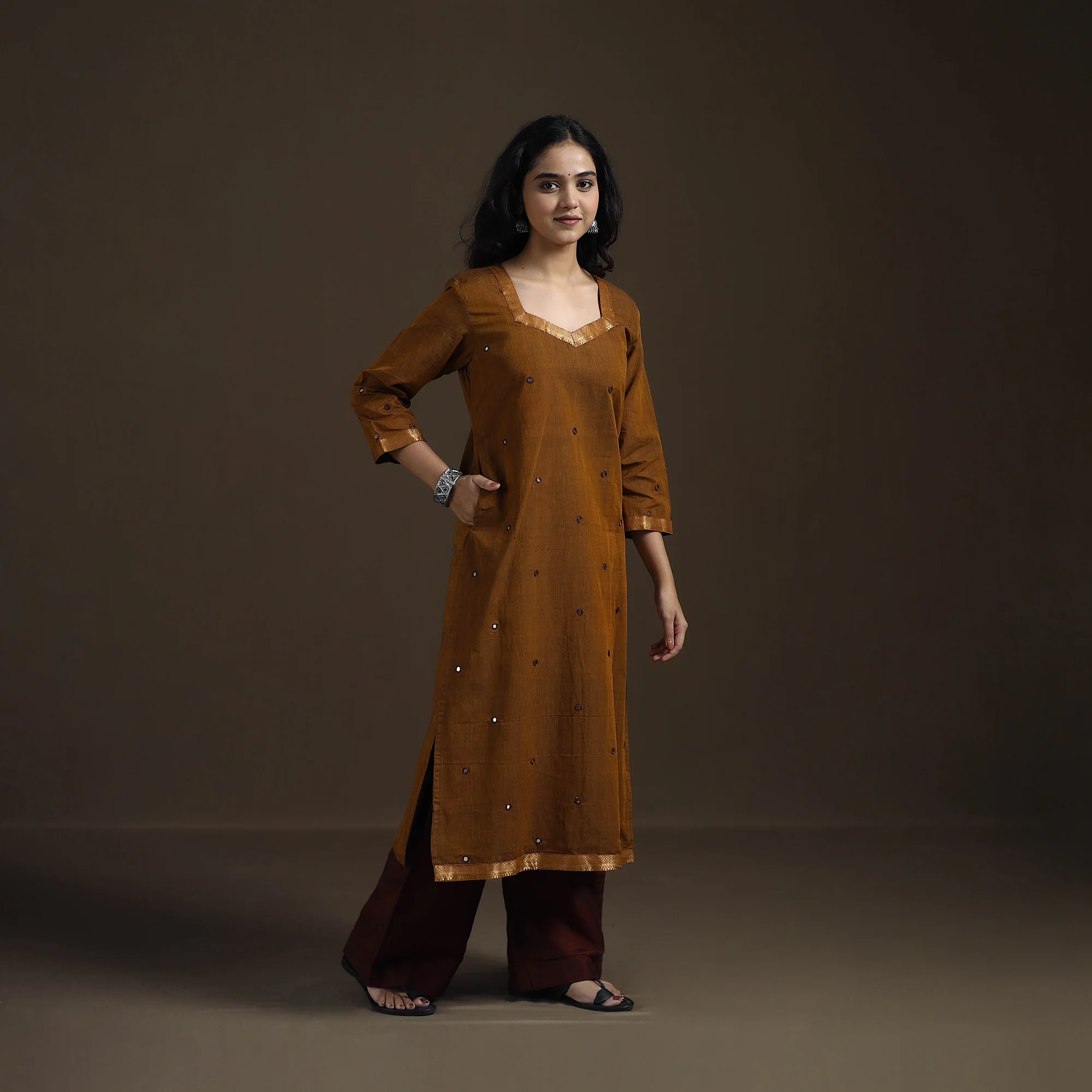 Brown - Mangalagiri Pure Handwoven Cotton Mirror Work Straight Kurta for women 04