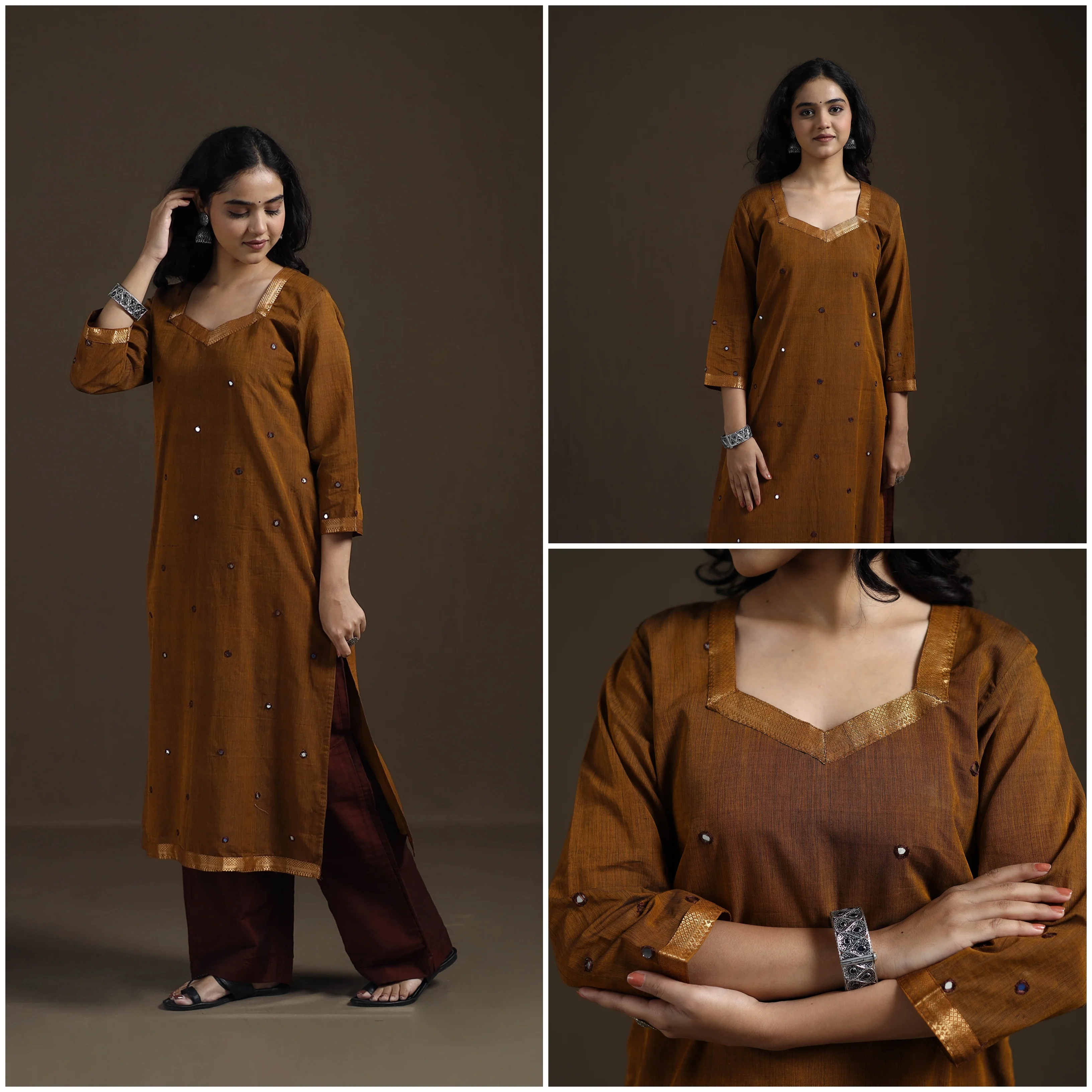 Brown - Mangalagiri Pure Handwoven Cotton Mirror Work Straight Kurta for women 04 - Image 3