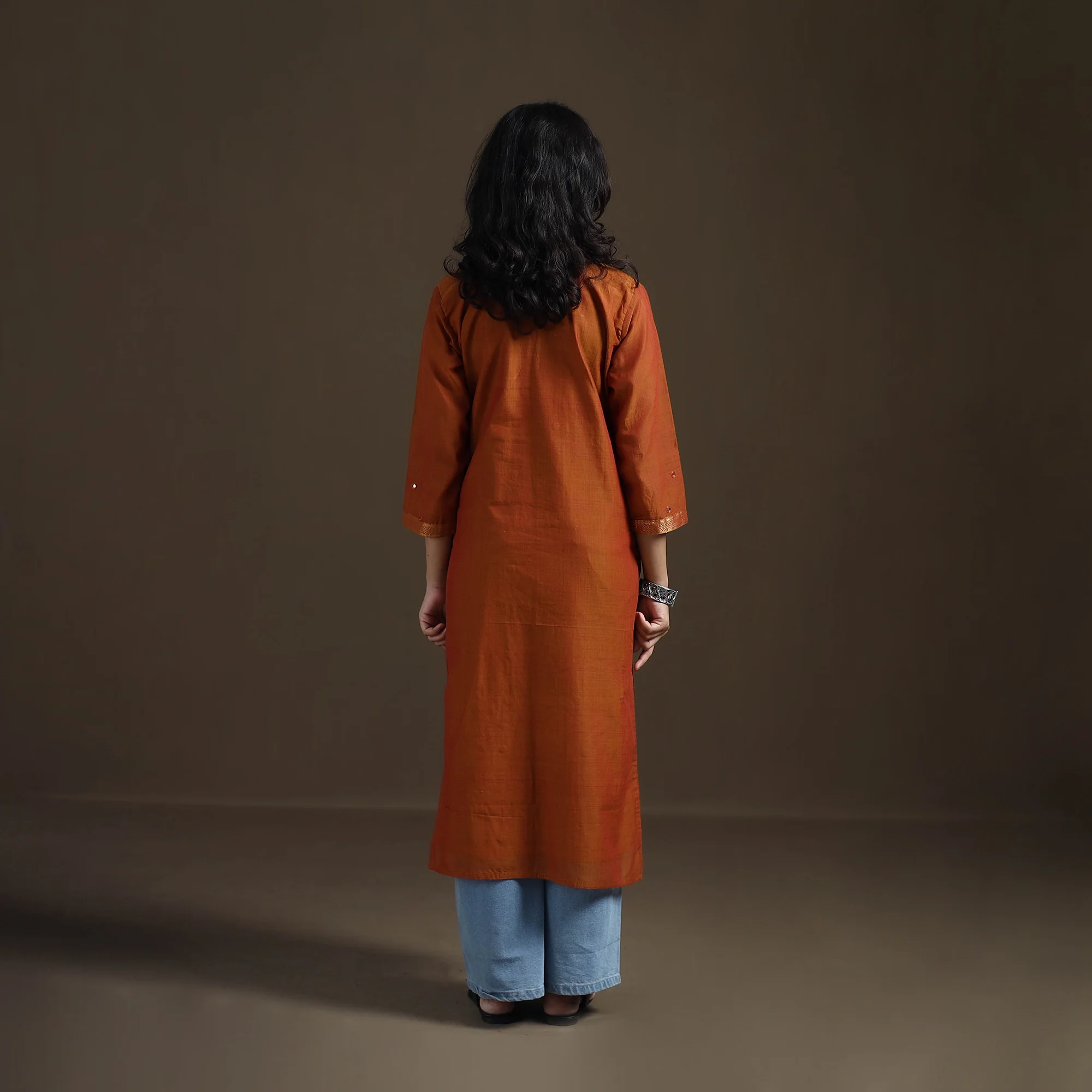 Orange - Mangalagiri Pure Handwoven Cotton Mirror Work Straight Kurta for women 08 - Image 4