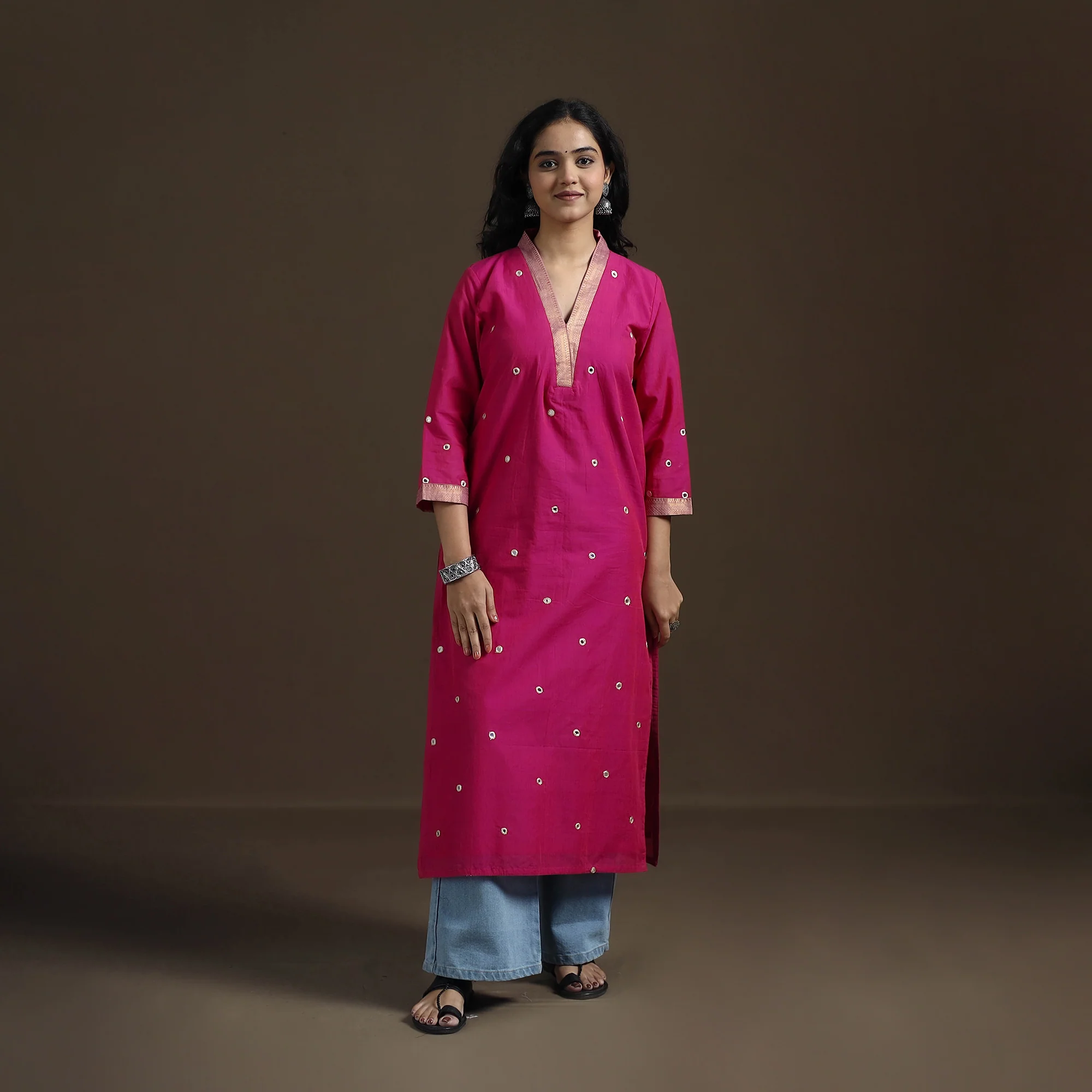 Pink - Mangalagiri Pure Handwoven Cotton Mirror Work Straight Kurta for women 12 - Image 4