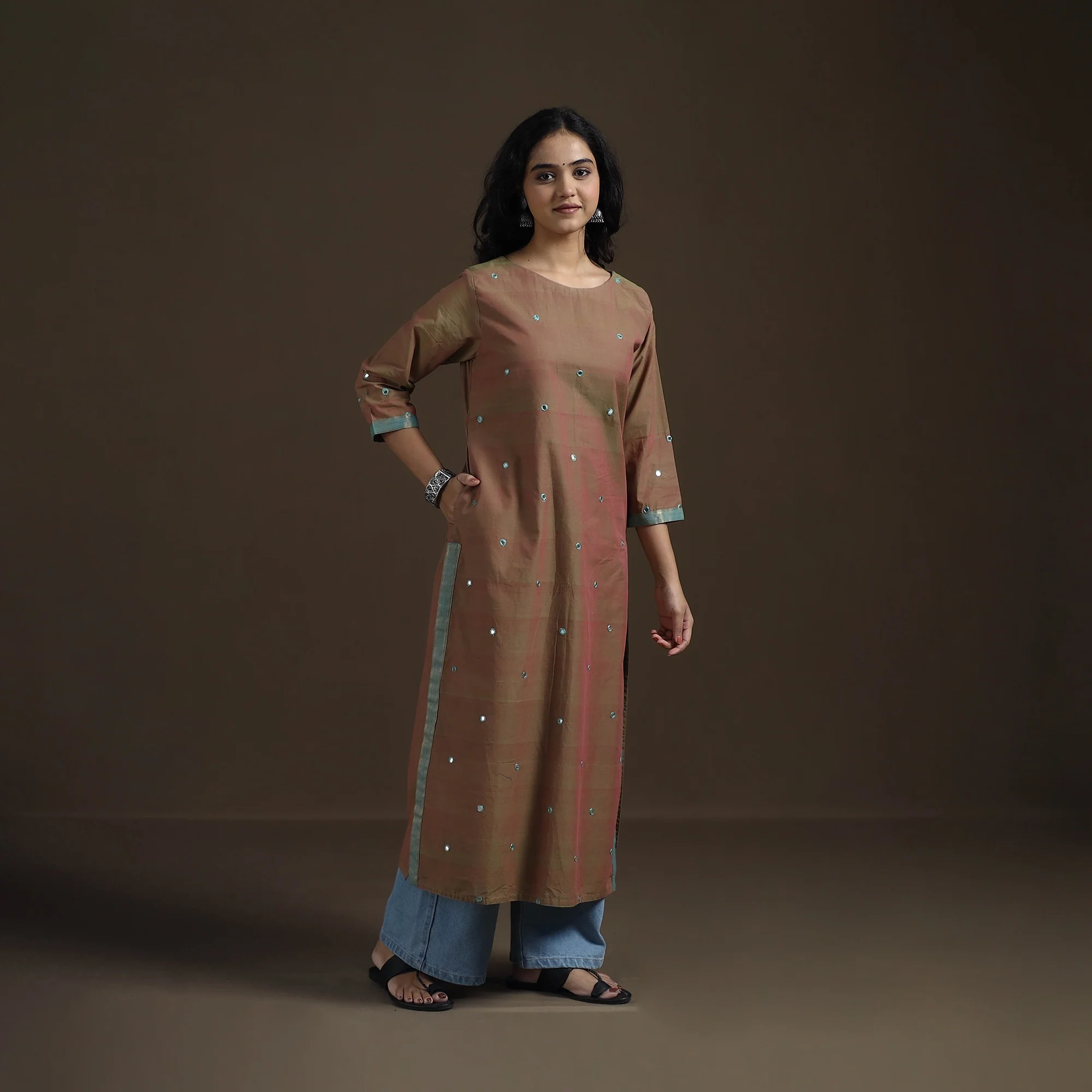 Brown - Mangalagiri Pure Handwoven Cotton Mirror Work Straight Kurta for women 16