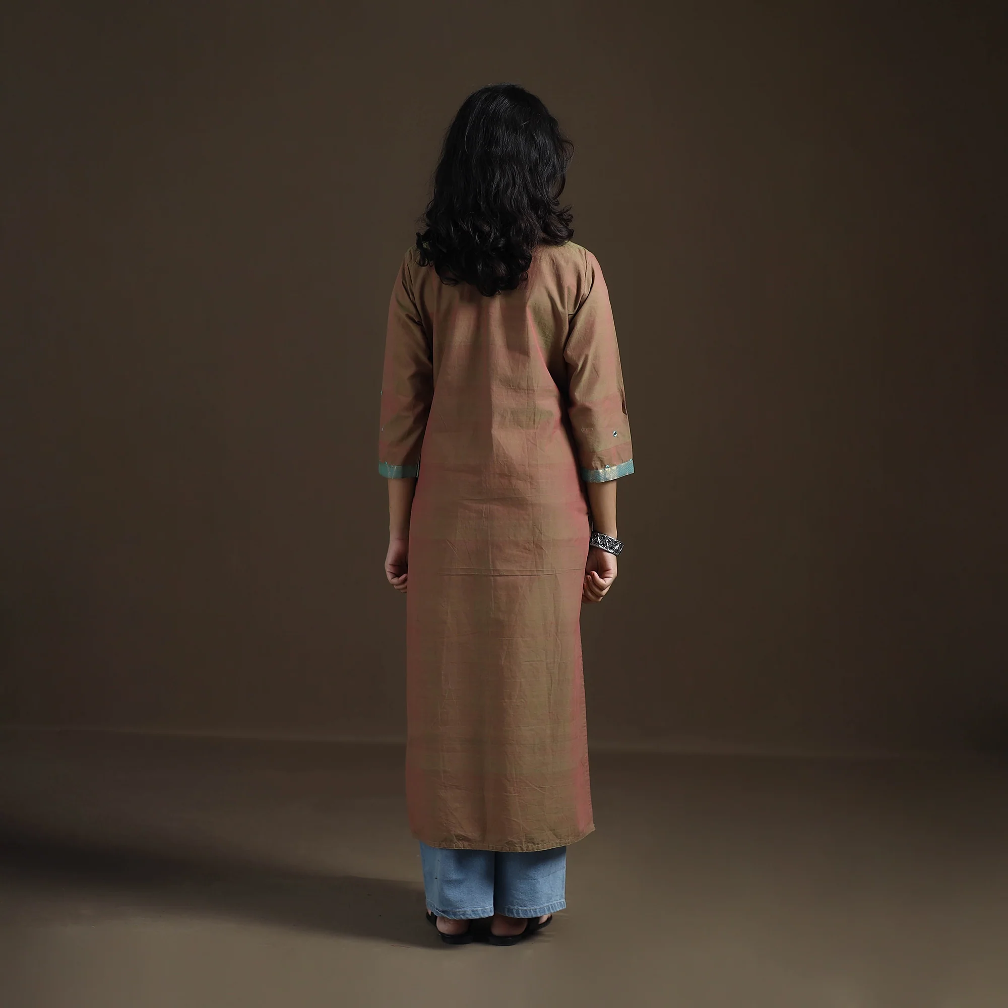Brown - Mangalagiri Pure Handwoven Cotton Mirror Work Straight Kurta for women 16 - Image 4