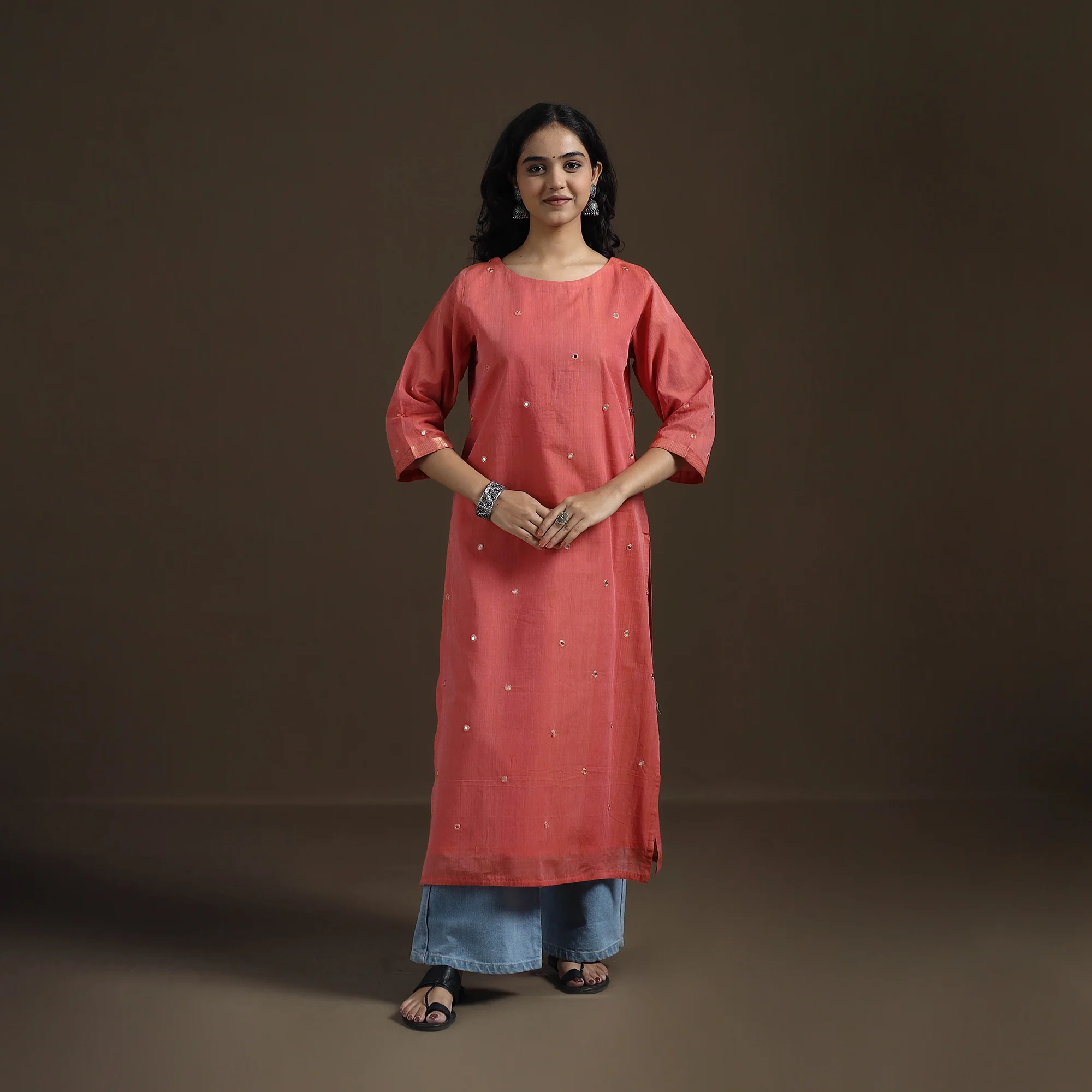 Peach - Mangalagiri Pure Handwoven Cotton Mirror Work Straight Kurta for women 17 - Image 2