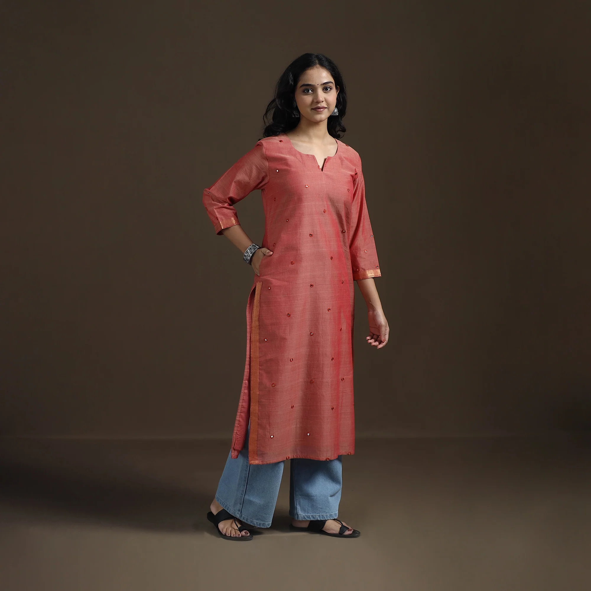 Peach - Mangalagiri Pure Handwoven Cotton Mirror Work Straight Kurta for women 20