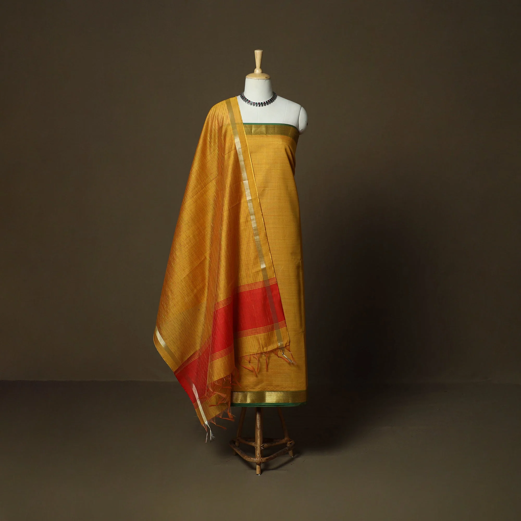 Yellow - Mangalagiri Silk Cotton 3pc Unstitched Dress Material with Zari Border 54 - Image 2