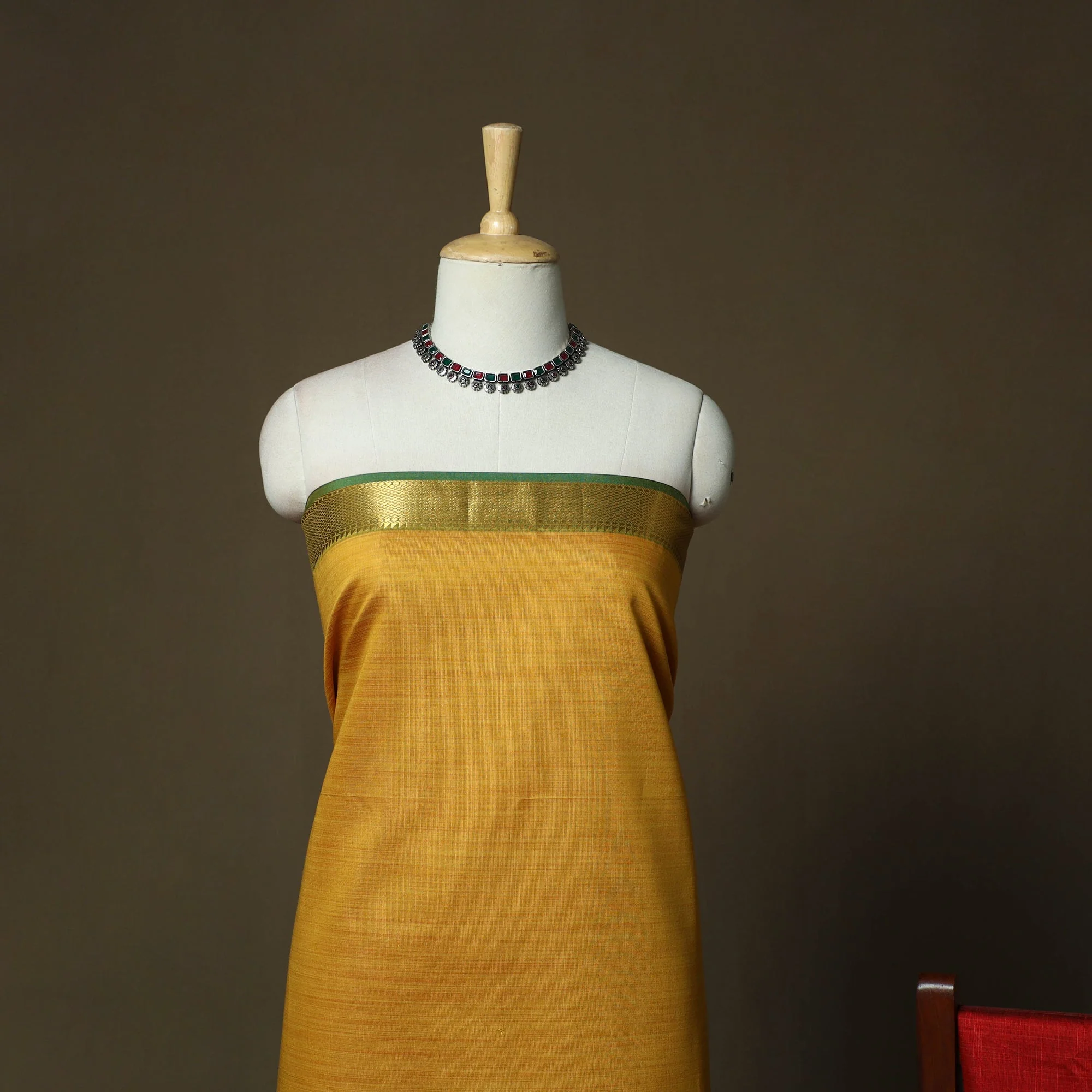 Yellow - Mangalagiri Silk Cotton 3pc Unstitched Dress Material with Zari Border 54 - Image 3