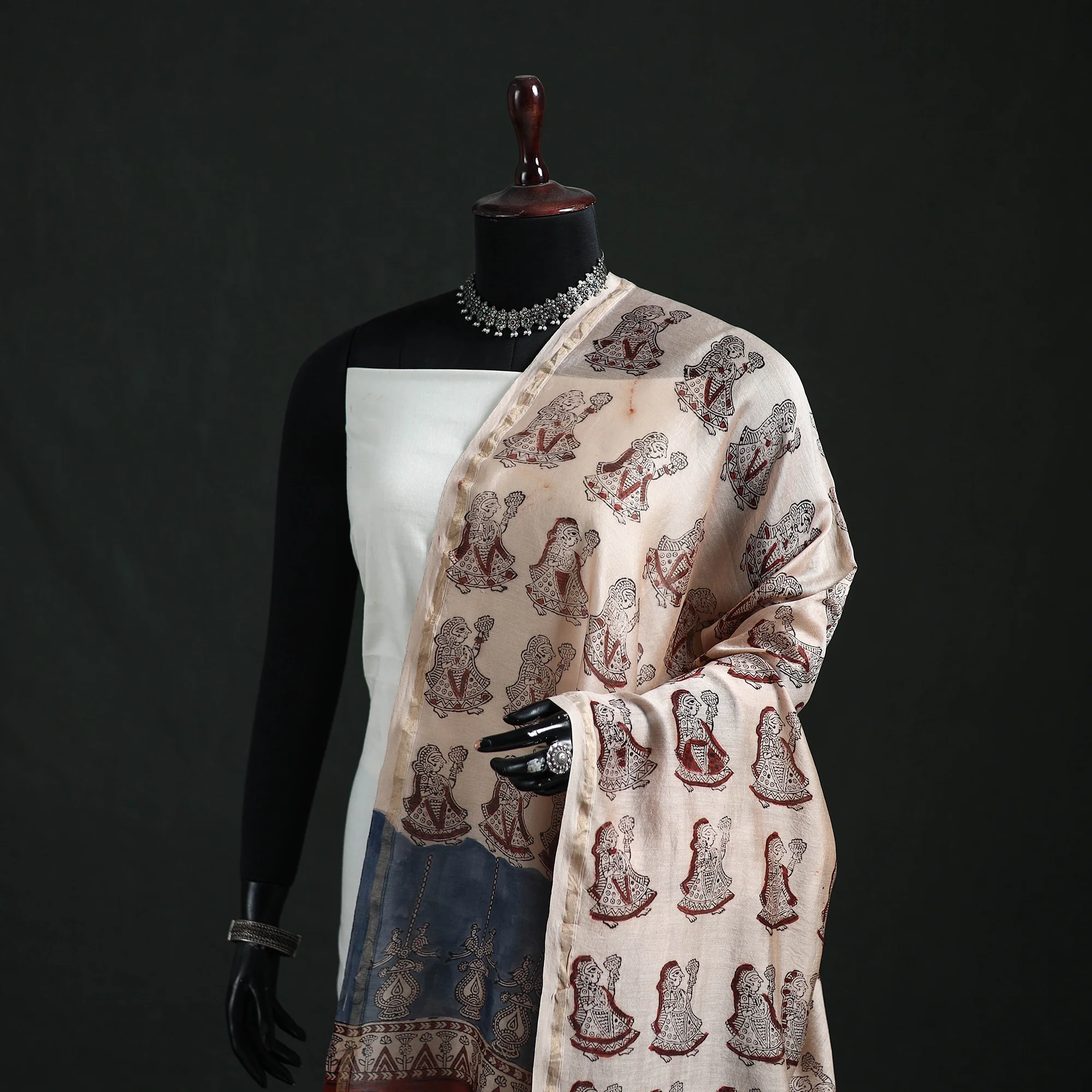 Beige - Mata Ni Pachedi Handpainted Natural Dyed Chanderi Silk Handloom Dupatta 15 - Image 2