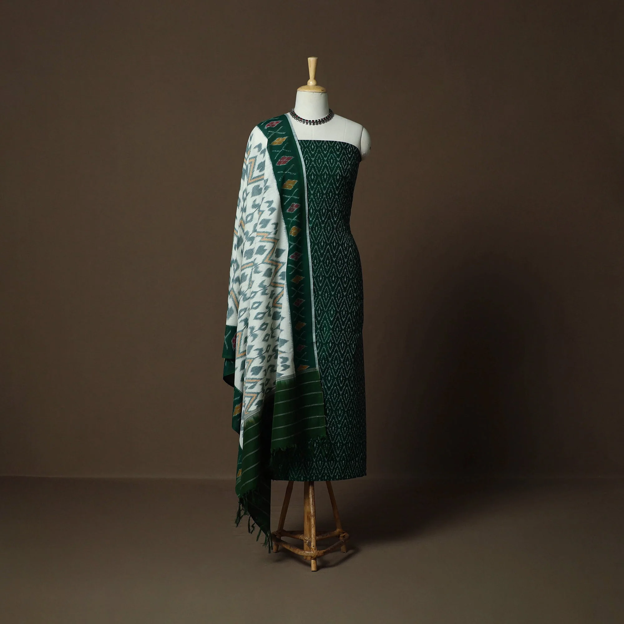 Green - Mercerised Cotton Pochampally Ikat 2pc Unstitched Dress Material 03