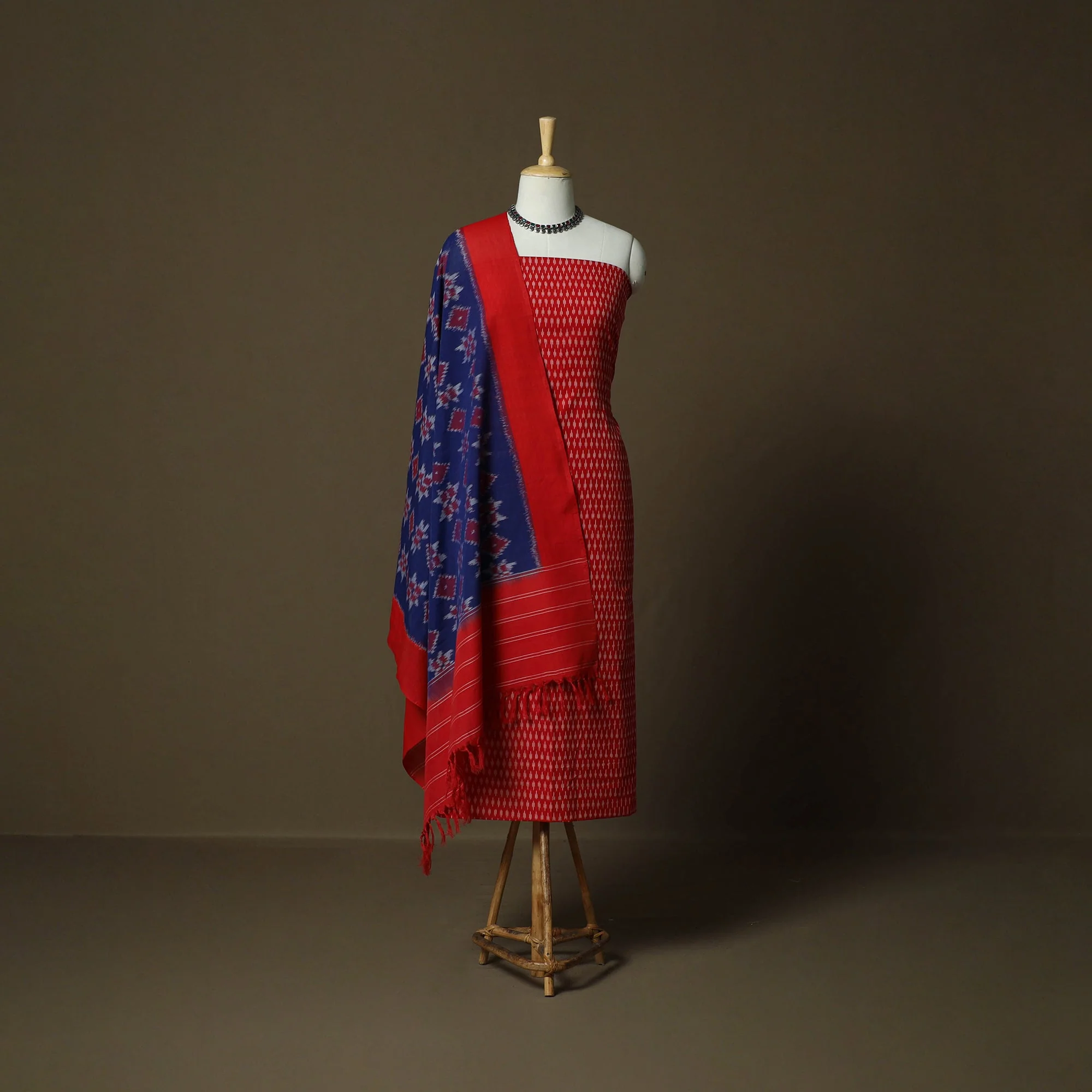 Red - Mercerised Cotton Pochampally Ikat 2pc Unstitched Dress Material 07