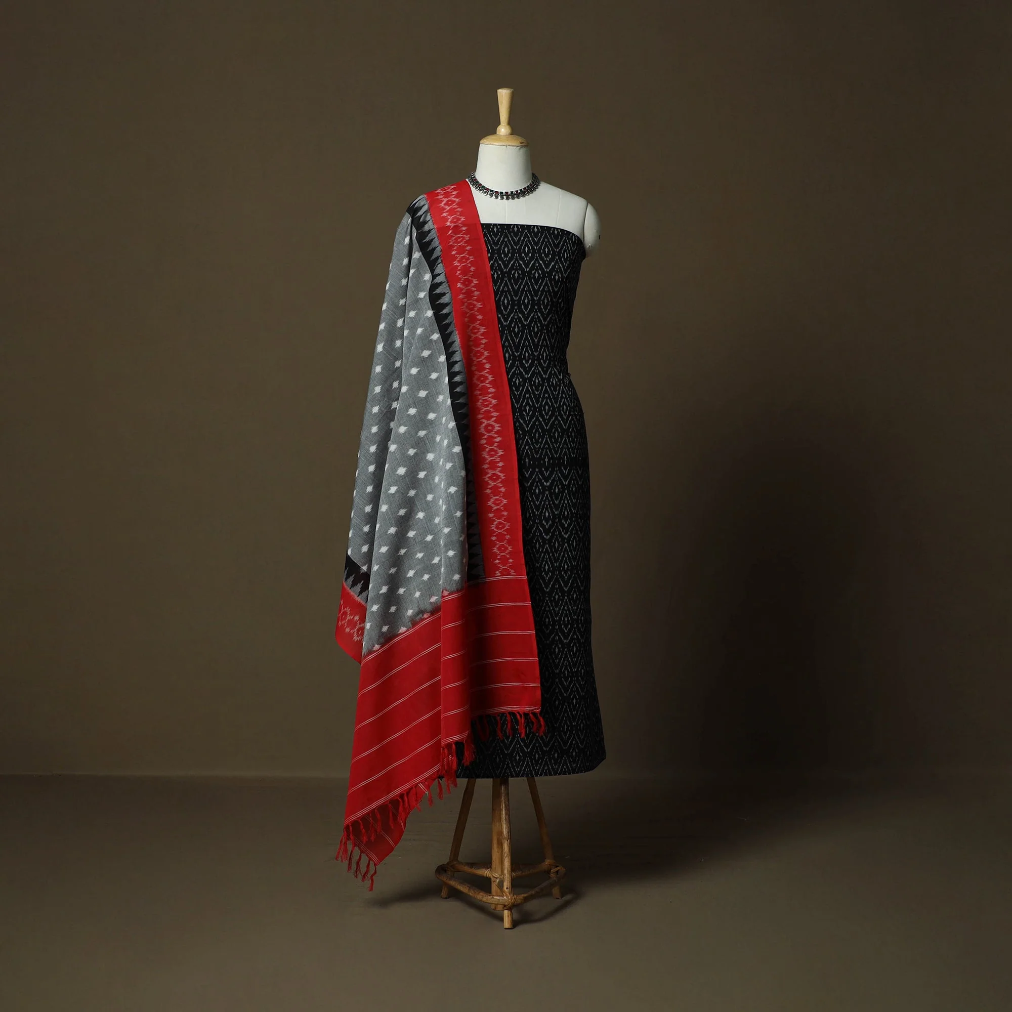Black - Mercerised Cotton Pochampally Ikat 2pc Unstitched Dress Material 11