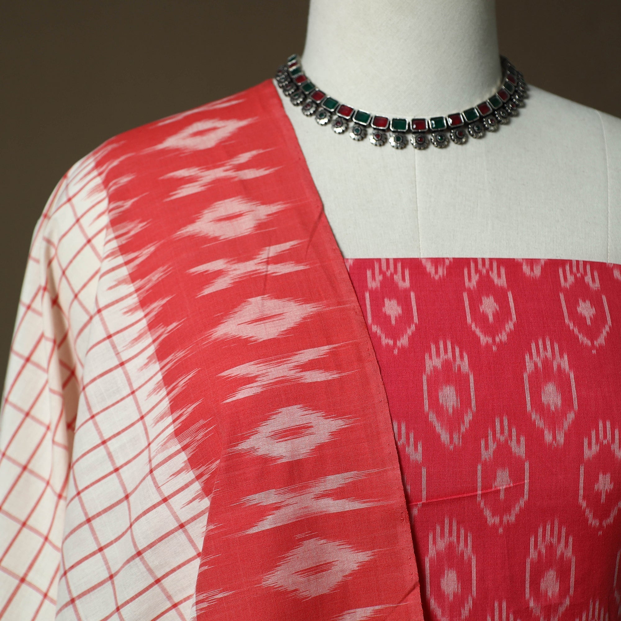 Pink - Mercerised Cotton Pochampally Ikat 2pc Unstitched Dress Material 13 - Image 3
