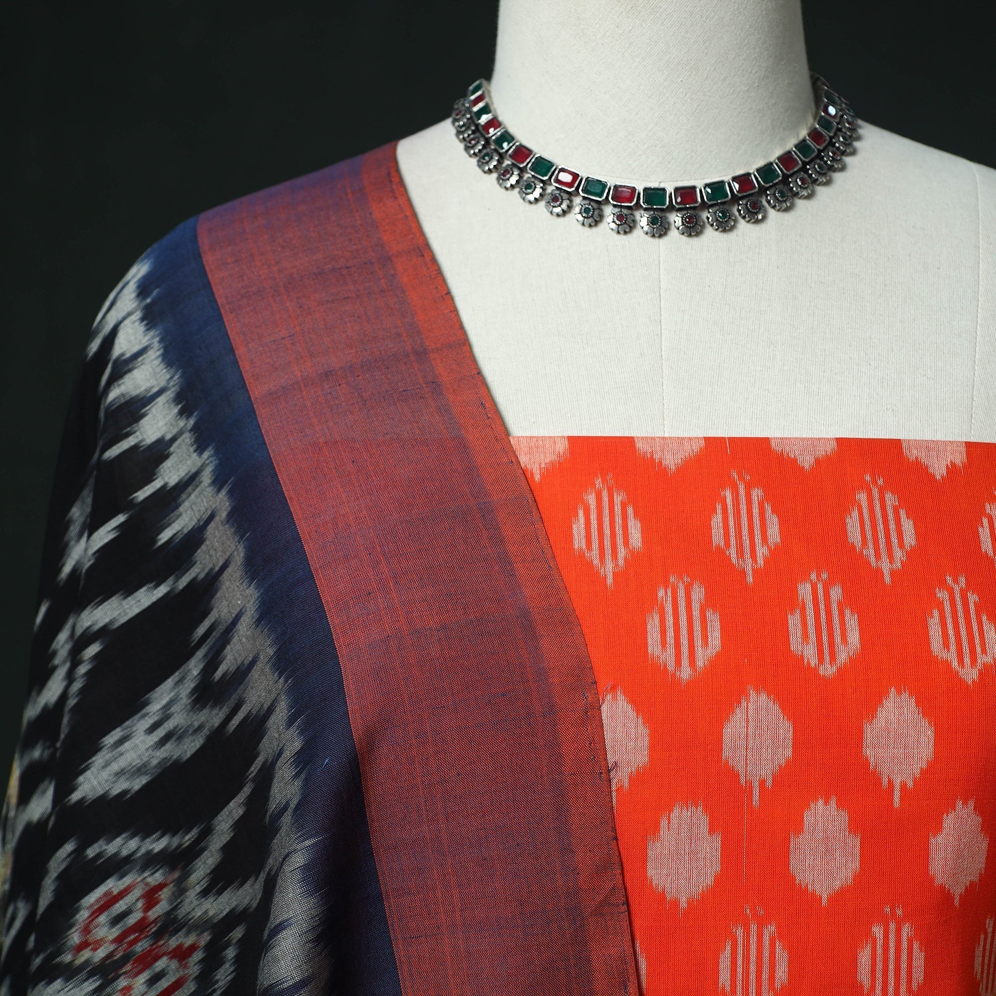Red - Mercerised Cotton Pochampally Ikat 2pc Unstitched Dress Material 22 - Image 3