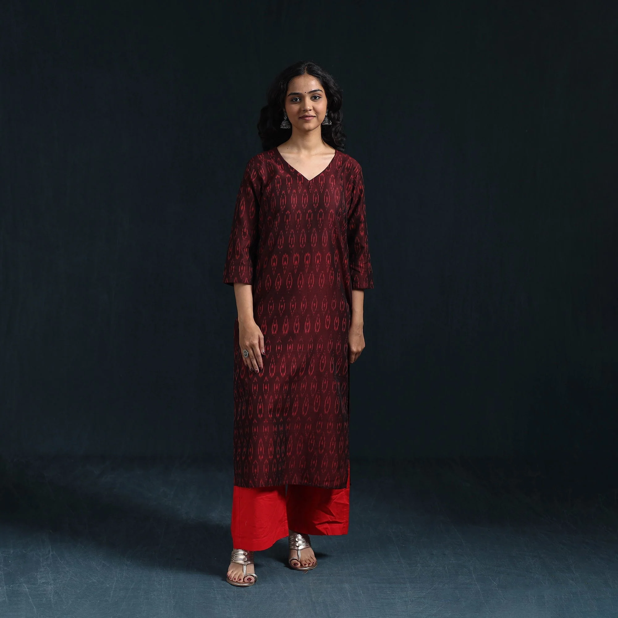 Maroon - Mercerised Cotton Straight Pochampally Ikat Kurta for women 06