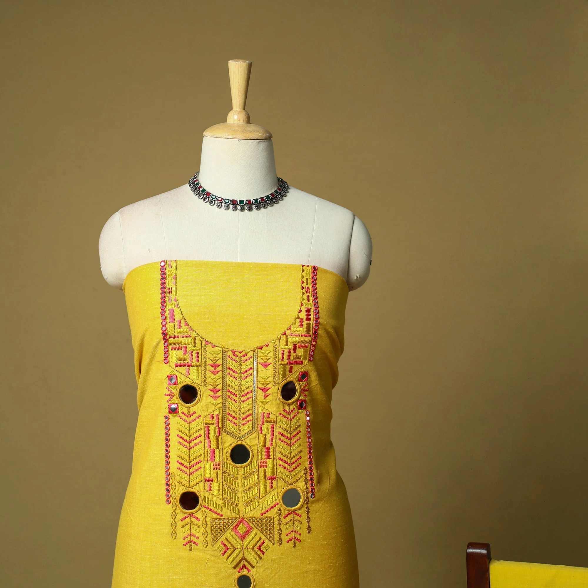 Yellow - Mirror Work Embroidered Cotton 3pc Unstitched Dress Material 89 - Image 3