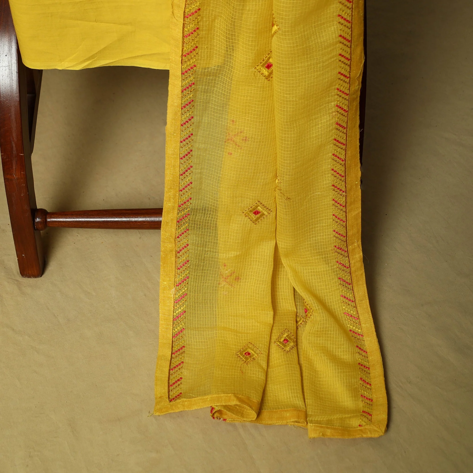 Yellow - Mirror Work Embroidered Cotton 3pc Unstitched Dress Material 89 - Image 4
