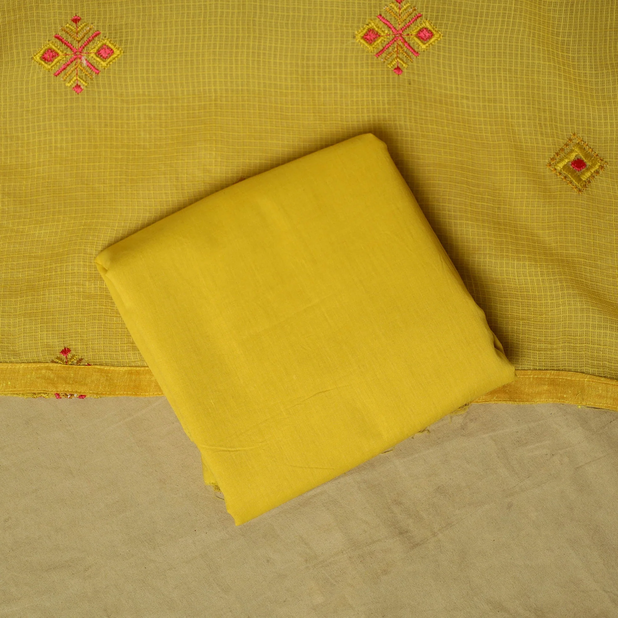 Yellow - Mirror Work Embroidered Cotton 3pc Unstitched Dress Material 89 - Image 5