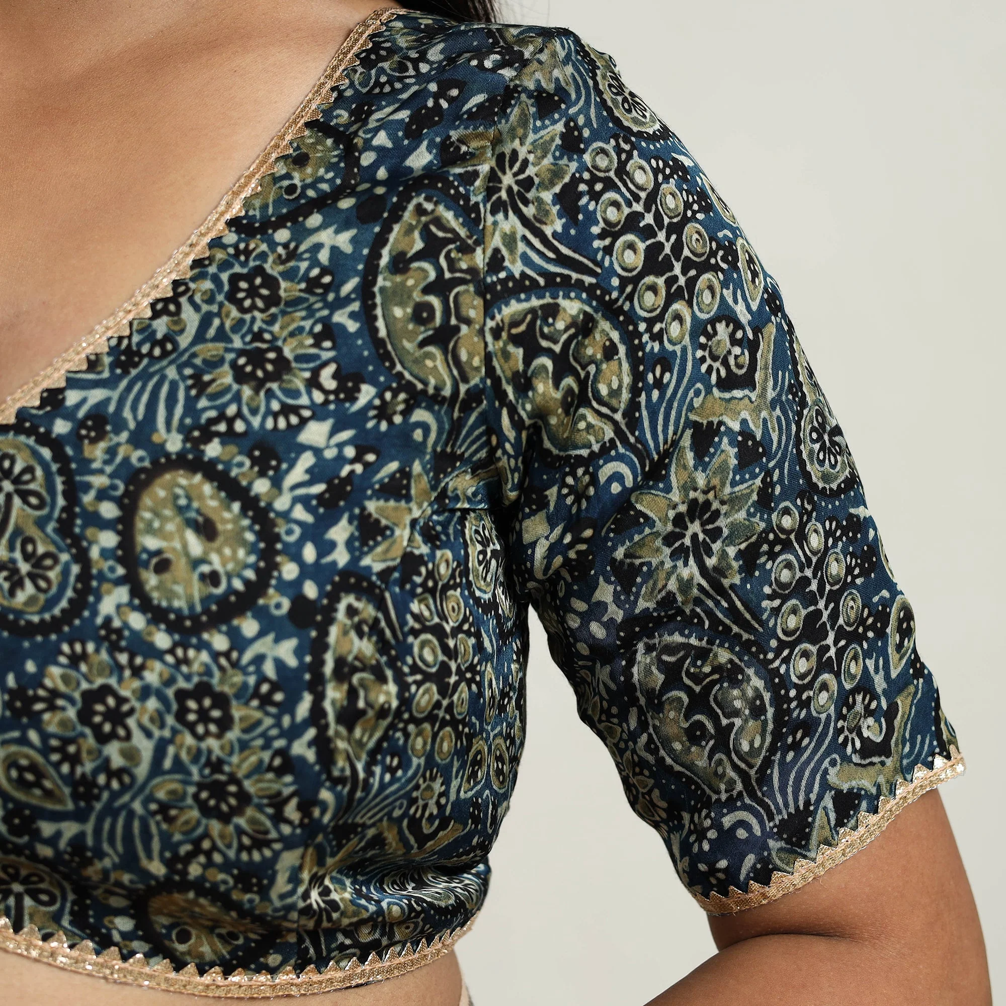 Blue - Modal Silk Block Print Stitched Ajrakh Blouse 16 - Image 5