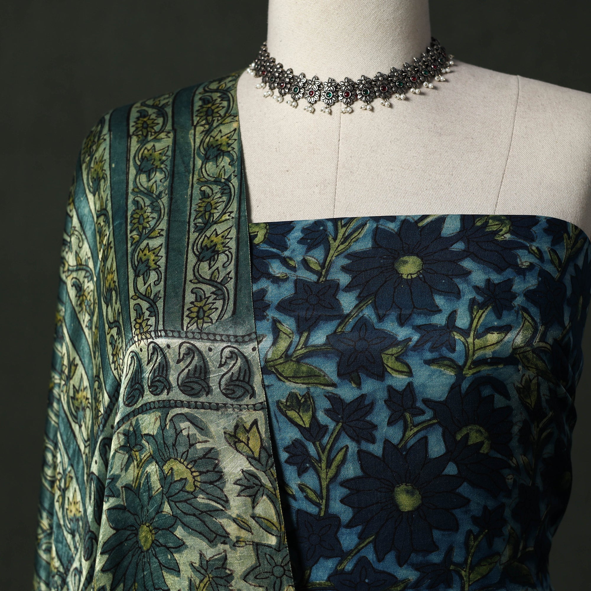 Blue - Modal Silk Hand Block Bagru Print 2pc Unstitched Dress Material 36 - Image 3