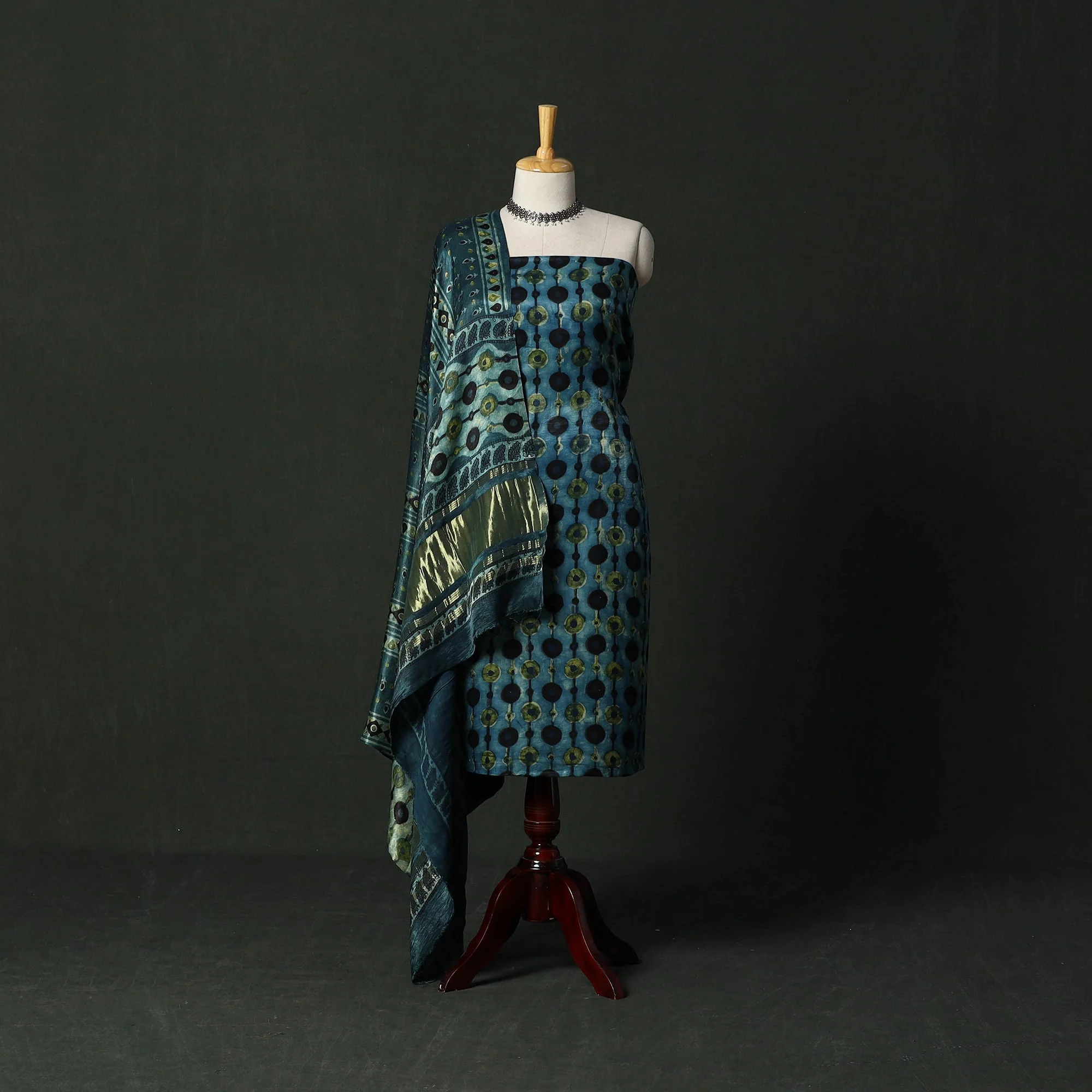 Blue - Modal Silk Hand Block Bagru Print 2pc Unstitched Dress Material 56