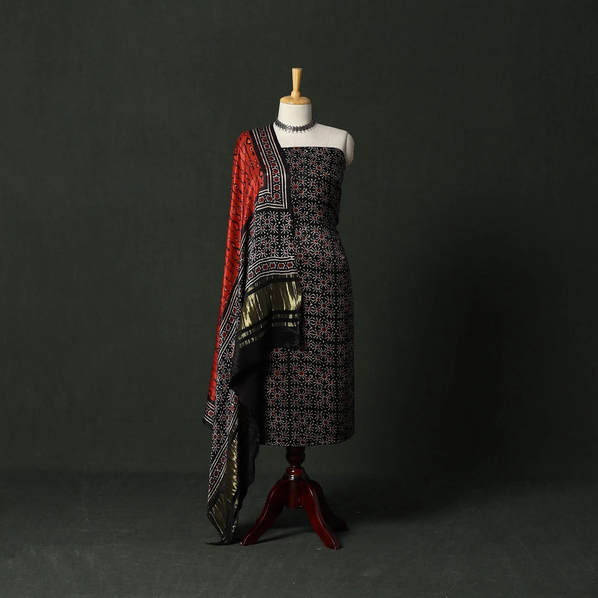 Black - Modal Silk Hand Block Bagru Print 2pc Unstitched Dress Material 60