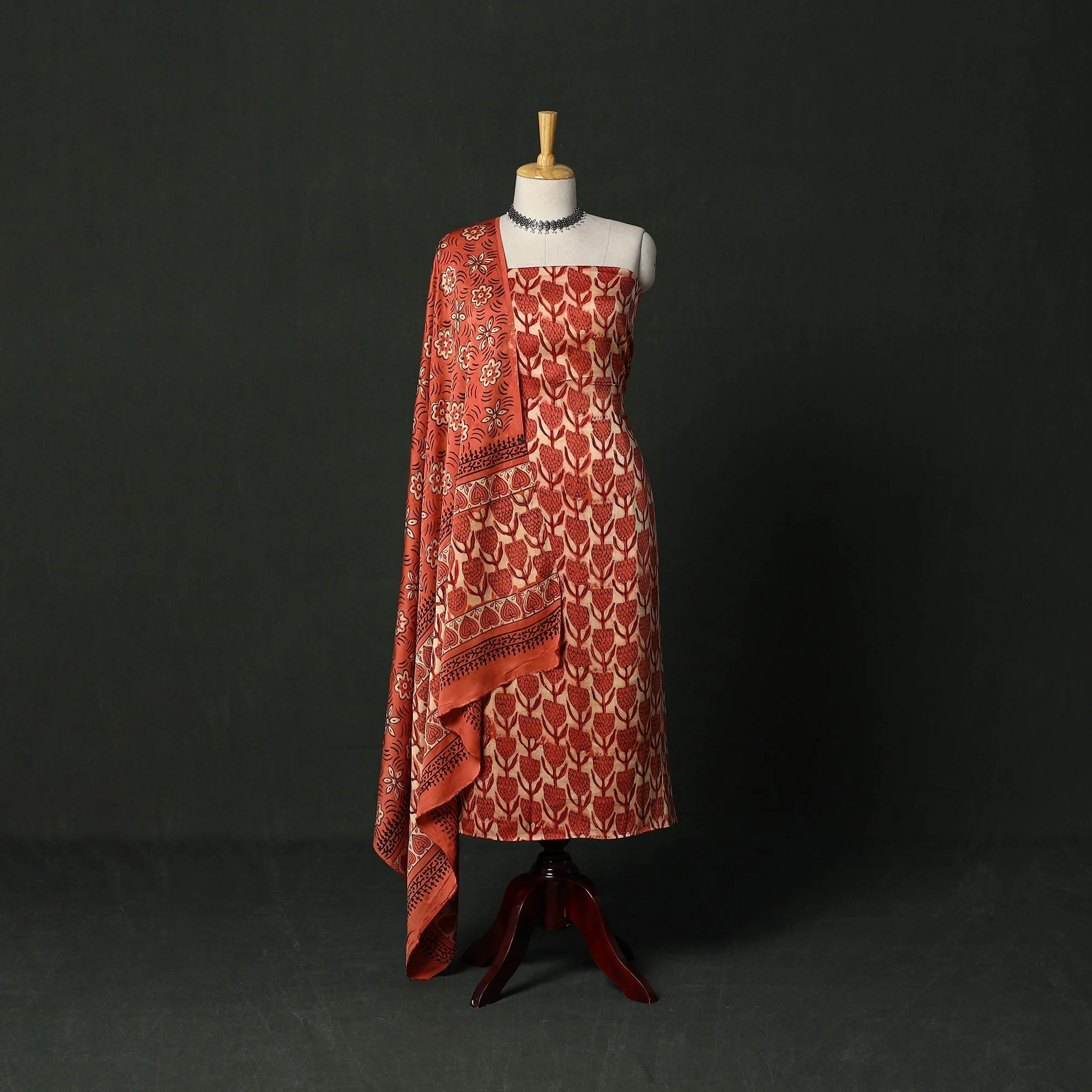 Red - Modal Silk Hand Block Bagru Print 3pc Unstitched Dress Material 03 - Image 2