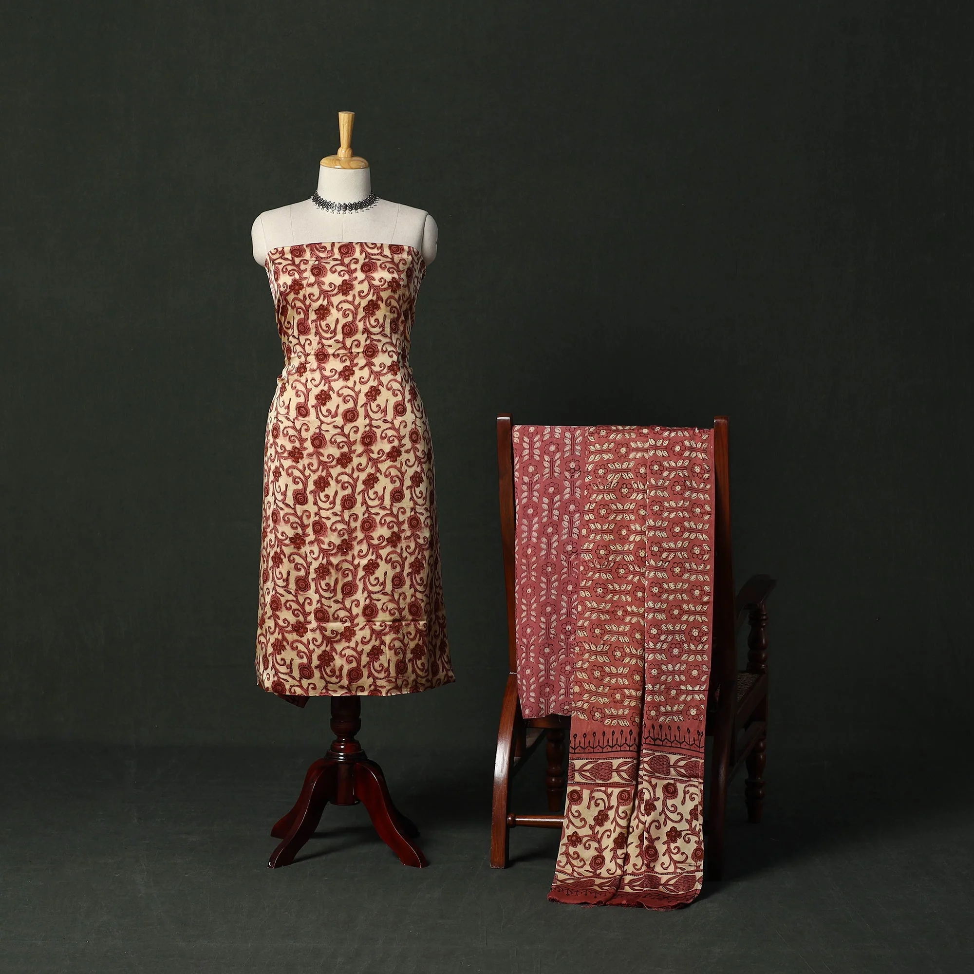 Beige - Modal Silk Hand Block Bagru Print 3pc Unstitched Dress Material 09