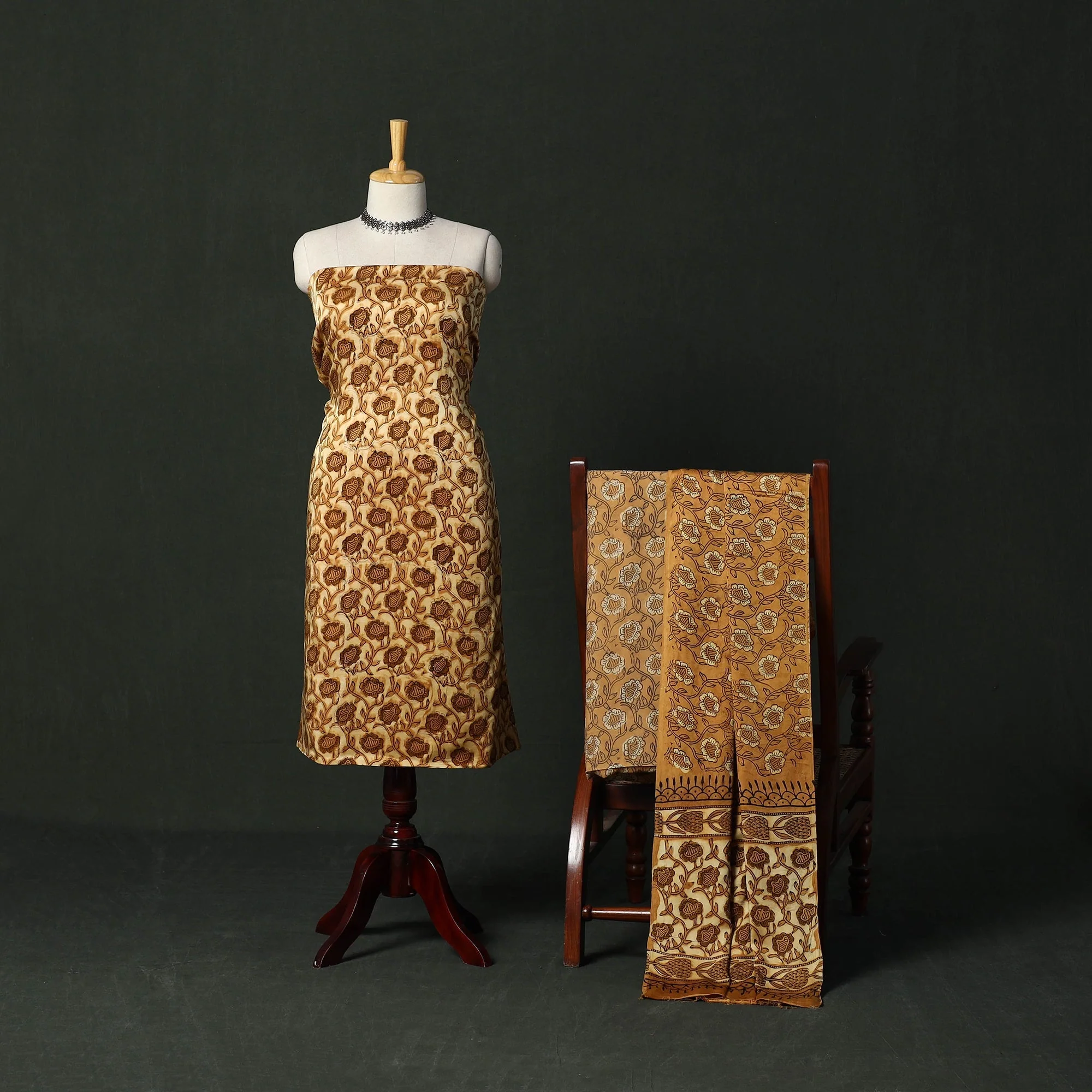Yellow - Modal Silk Hand Block Bagru Print 3pc Unstitched Dress Material 10
