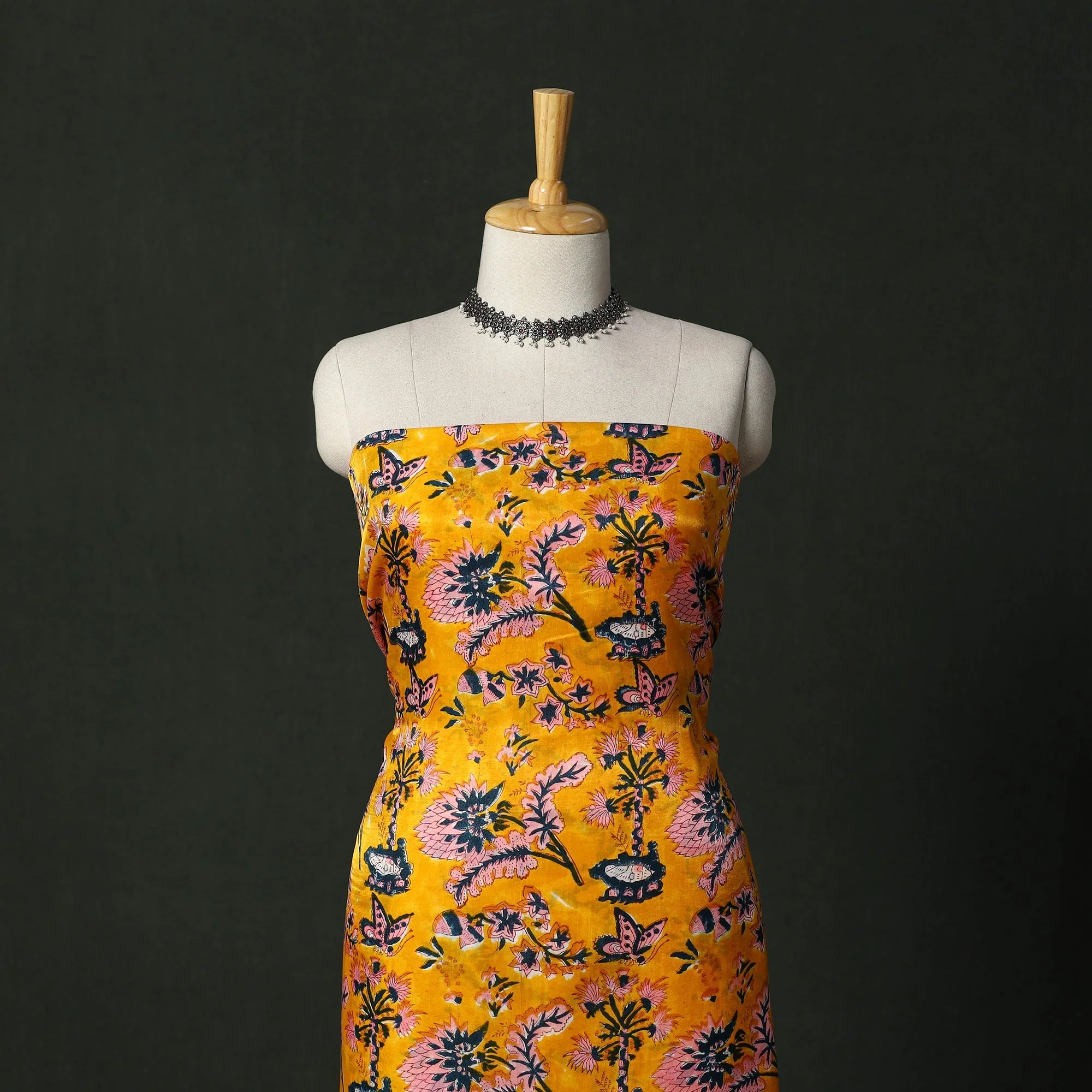 Yellow - Modal Silk Hand Block Sanganeri Print 2pc Unstitched Dress Material 24 - Image 2
