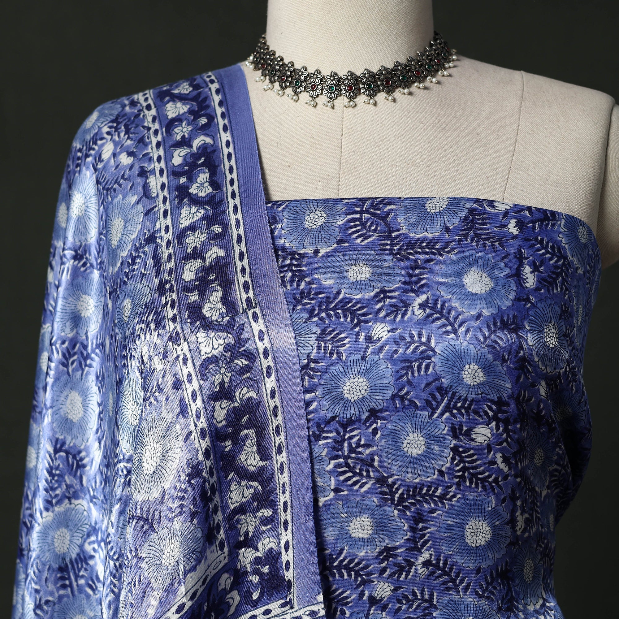 Blue - Modal Silk Hand Block Sanganeri Print 2pc Unstitched Dress Material 32 - Image 3