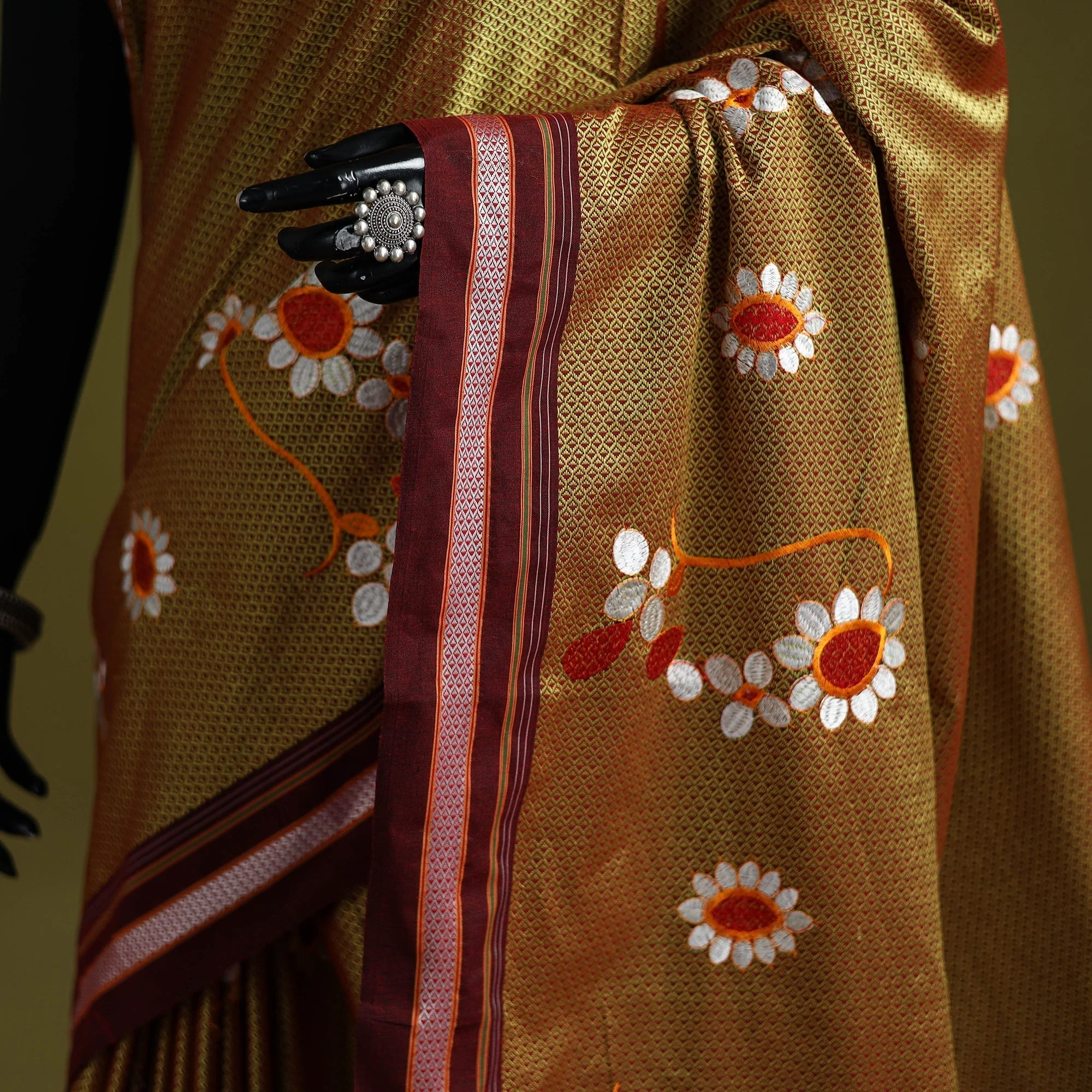 Yellow - Nath Work Silk Cotton Khun Saree 09 - Image 3