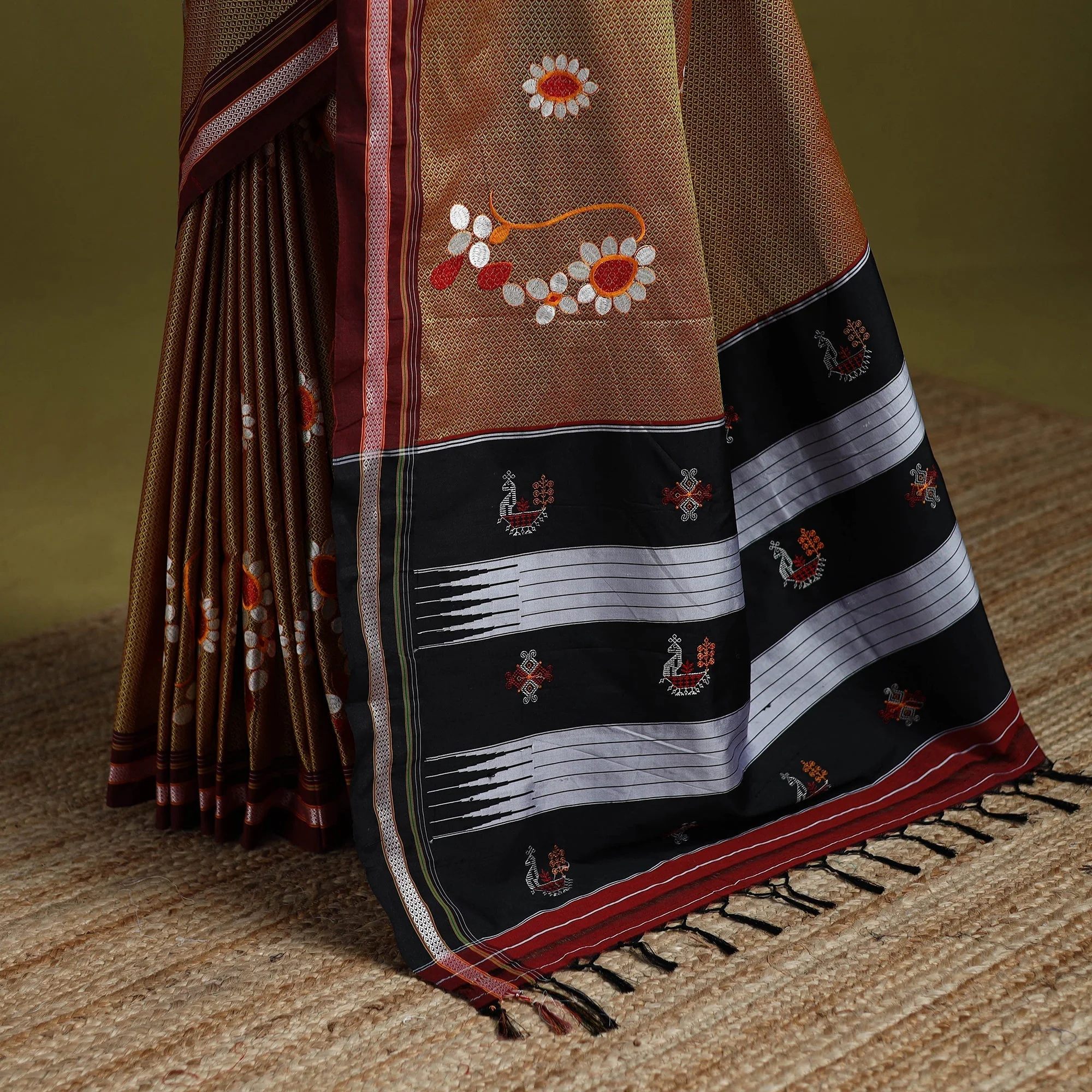 Yellow - Nath Work Silk Cotton Khun Saree 09 - Image 4