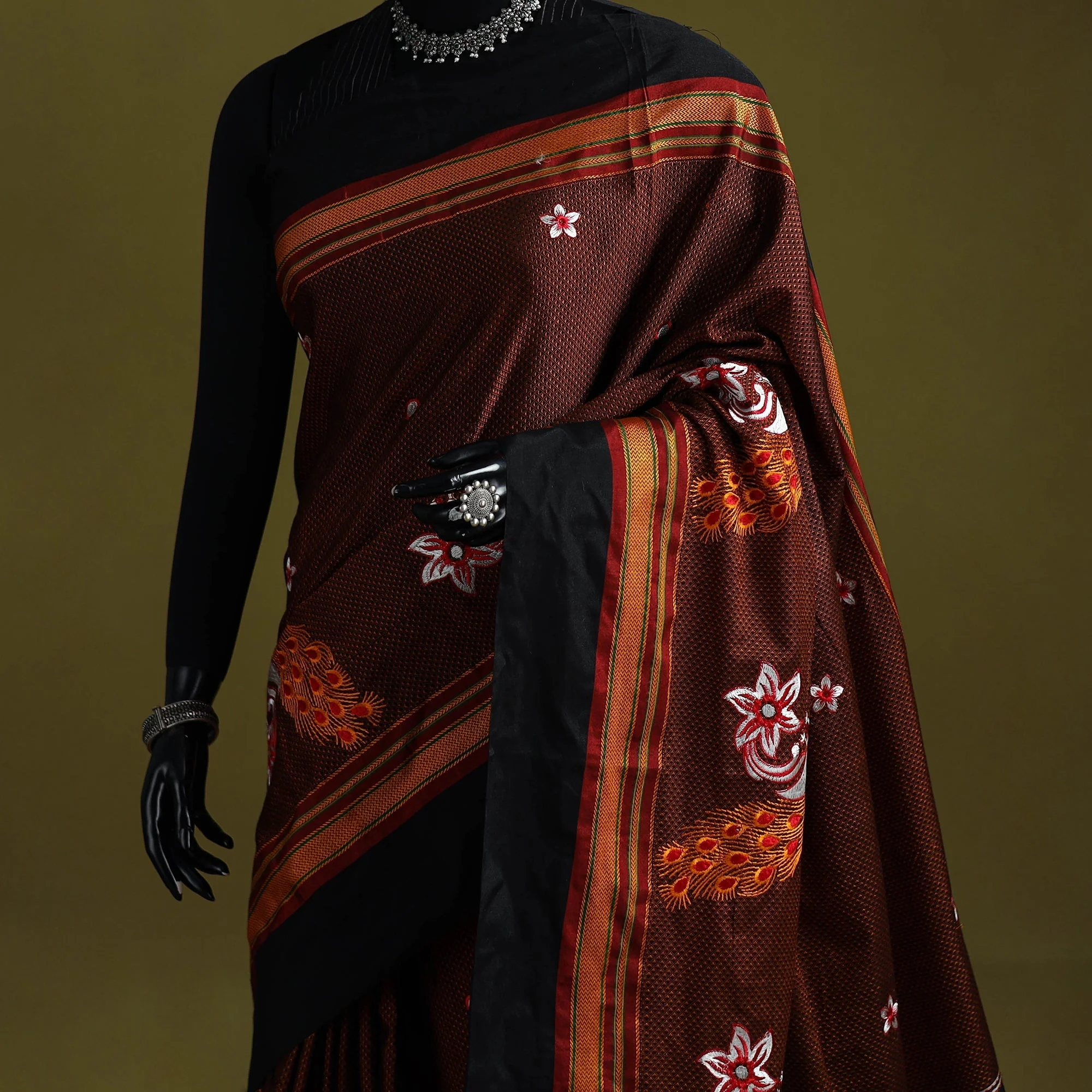 Brown - Nath Work Silk Cotton Khun Saree 13 - Image 2