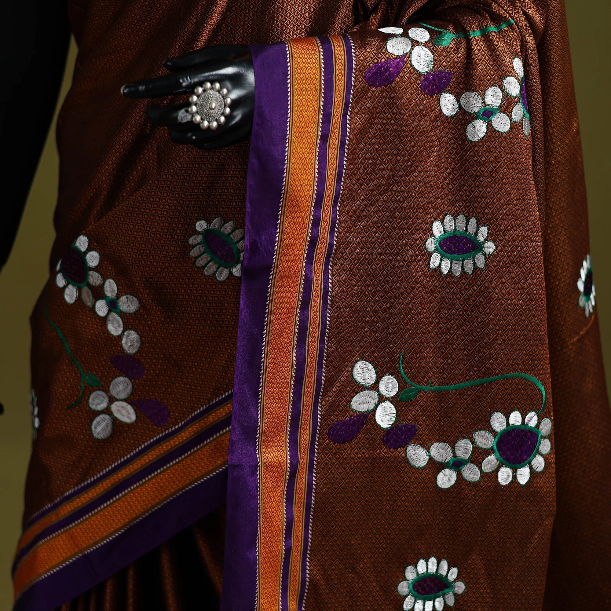 Brown - Nath Work Silk Cotton Khun Saree 14 - Image 3