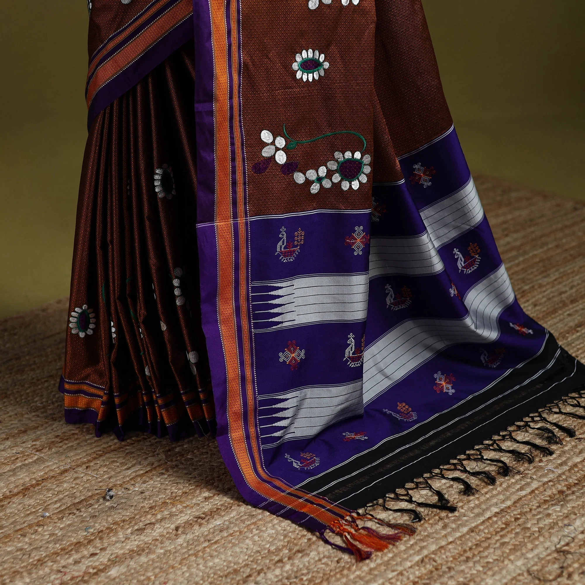 Brown - Nath Work Silk Cotton Khun Saree 14 - Image 4
