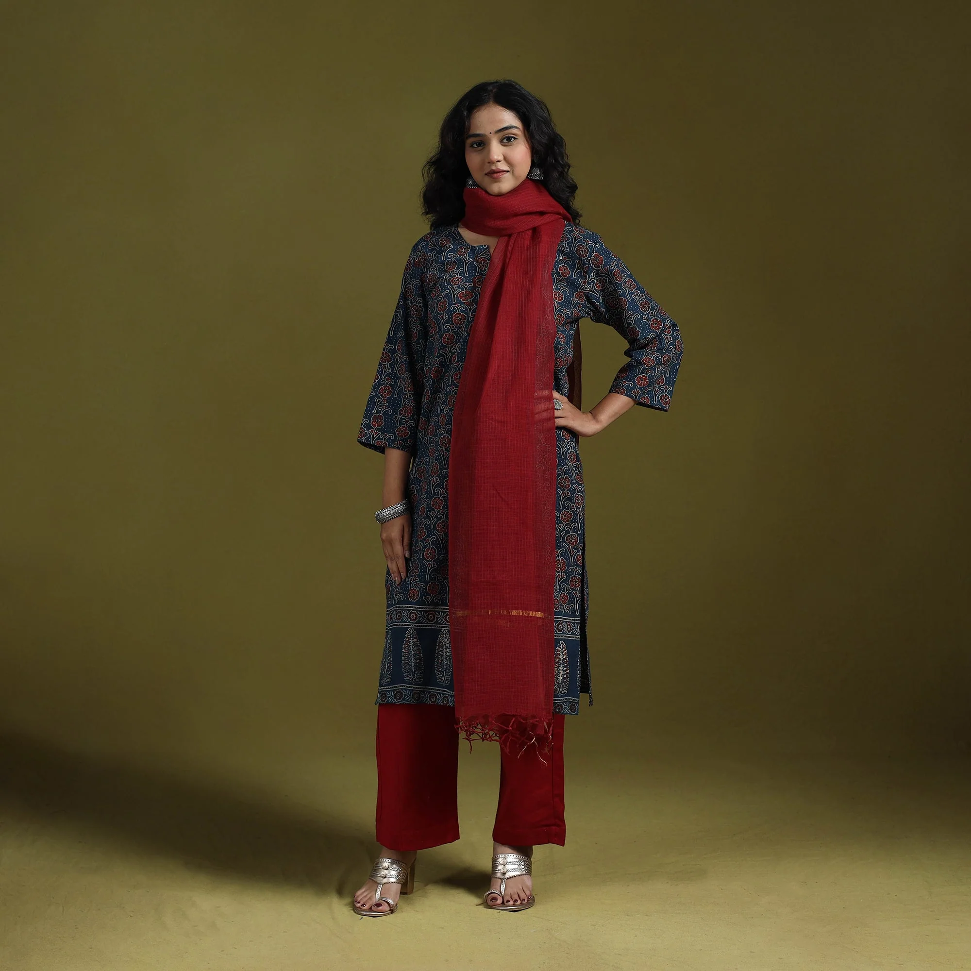 Blue - Natural Dyed Ajrakh Hand Block Print Cotton Suit Set with Dupatta for women 02 - Image 3