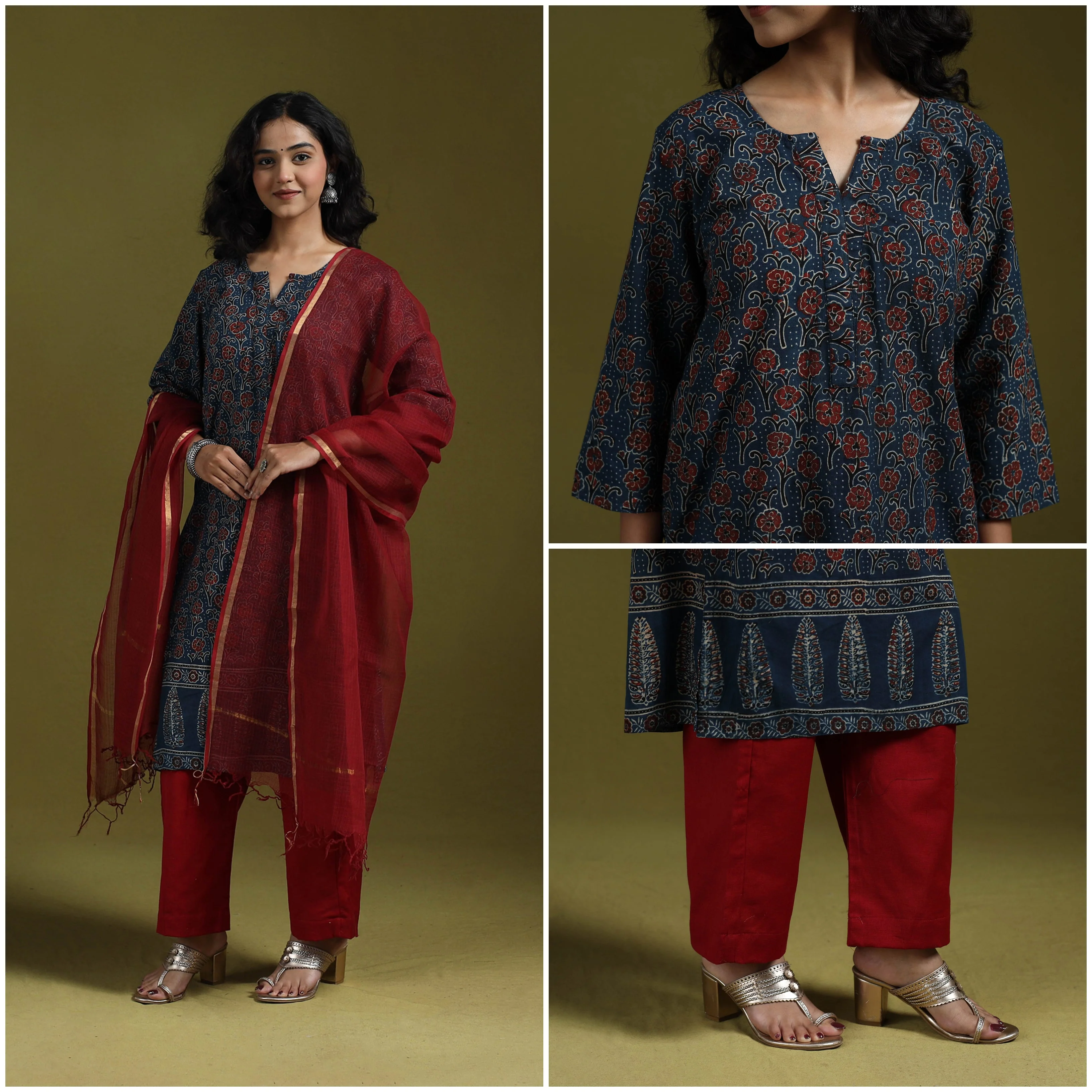 Blue - Natural Dyed Ajrakh Hand Block Print Cotton Suit Set with Dupatta for women 02 - Image 4
